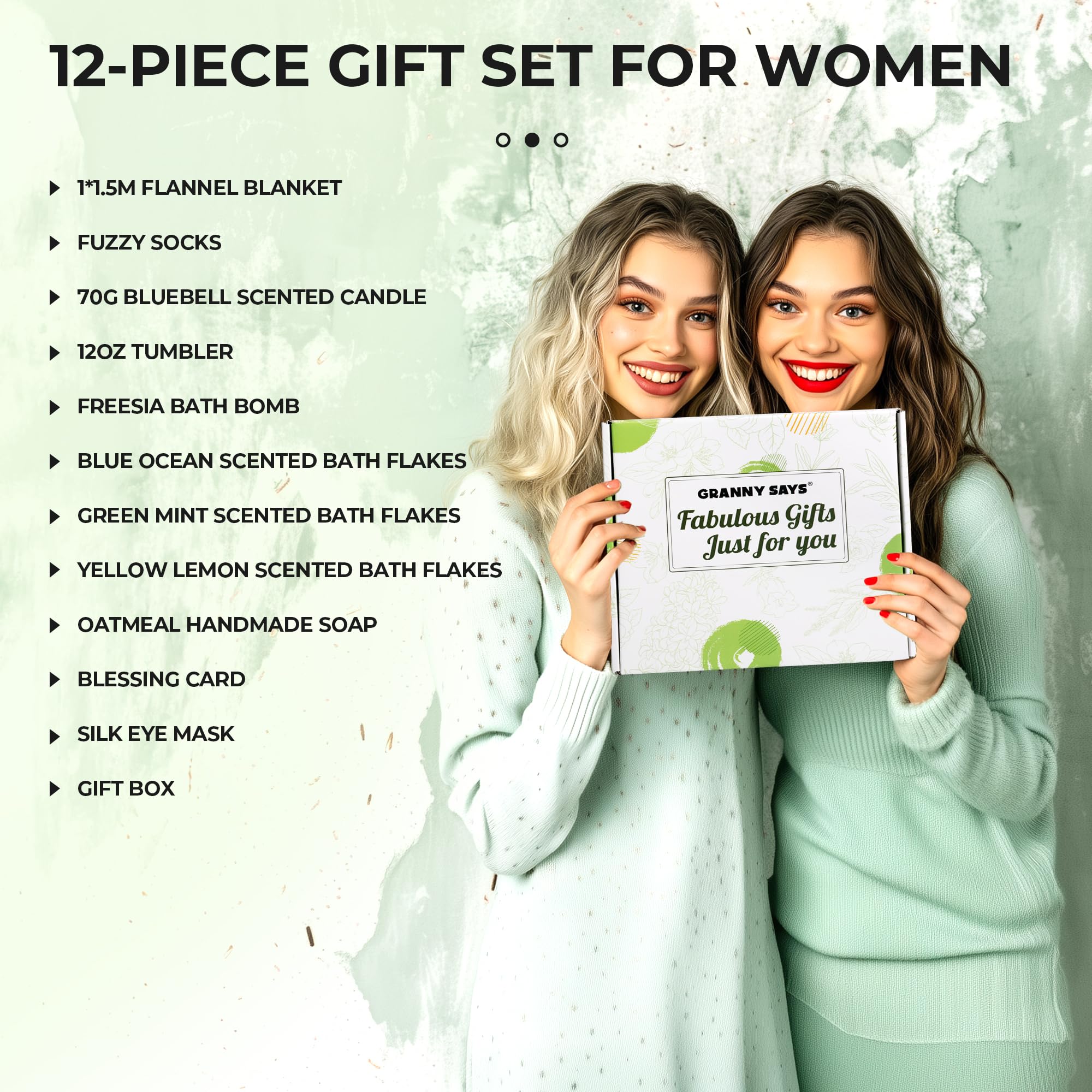 GRANNY SAYS Unique Birthday Gift Box for Women - Spa & Self Care Package with Flannel Blanket - Perfect for Mom, Wife, Sister & Best Friends (Green) | Thoughtful Get Well Soon & Relaxation Gifts for Her - Ideal for Home Spa Days, Recovery & Cozy Evenings