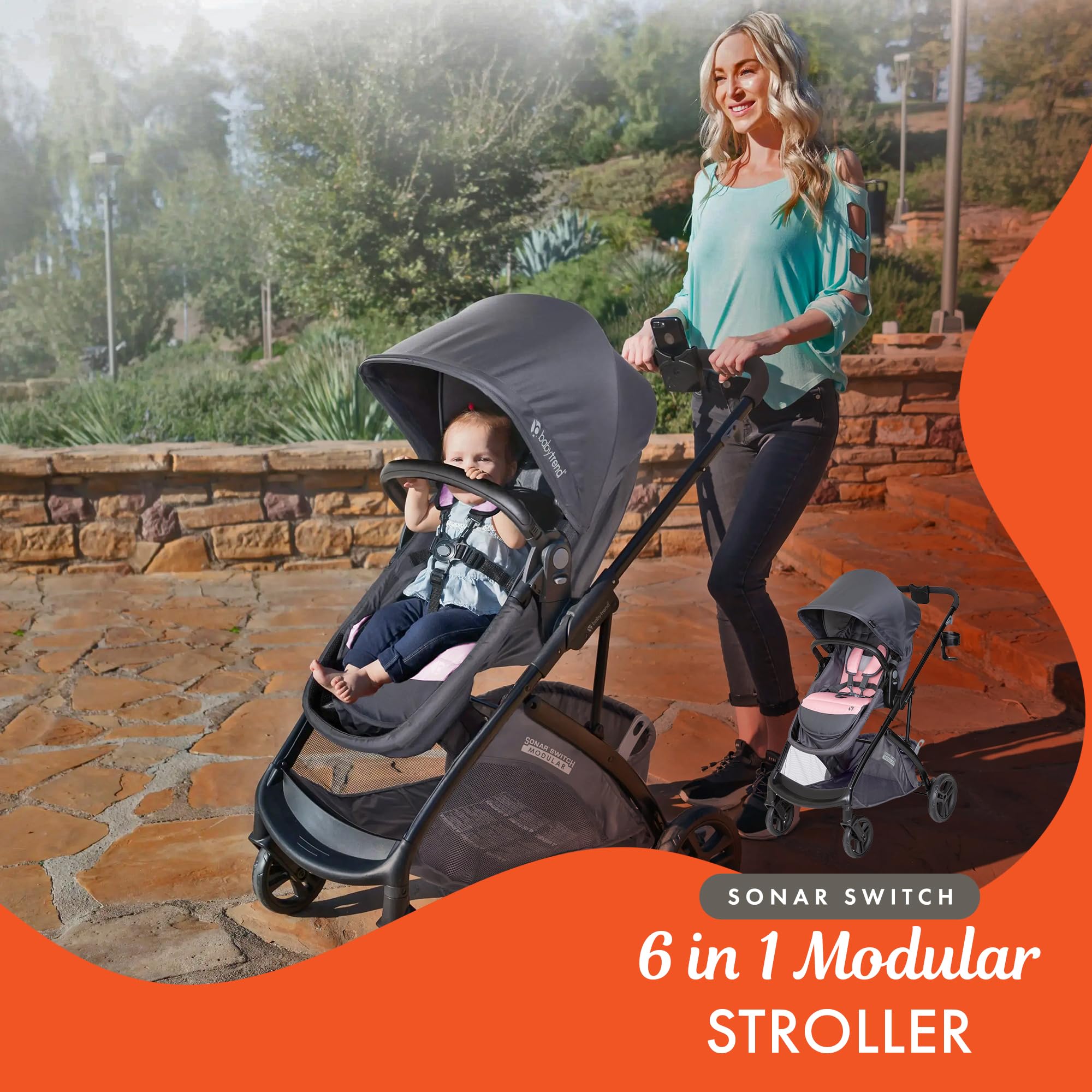 Baby Trend Sonar™ Switch 6-in-1 Modular Stroller Travel System with Ally™ Infant Car Seat - Desert Pink | Convertible Stroller for Newborn to Toddler | Perfect for Shopping, Travel & Daily Walks