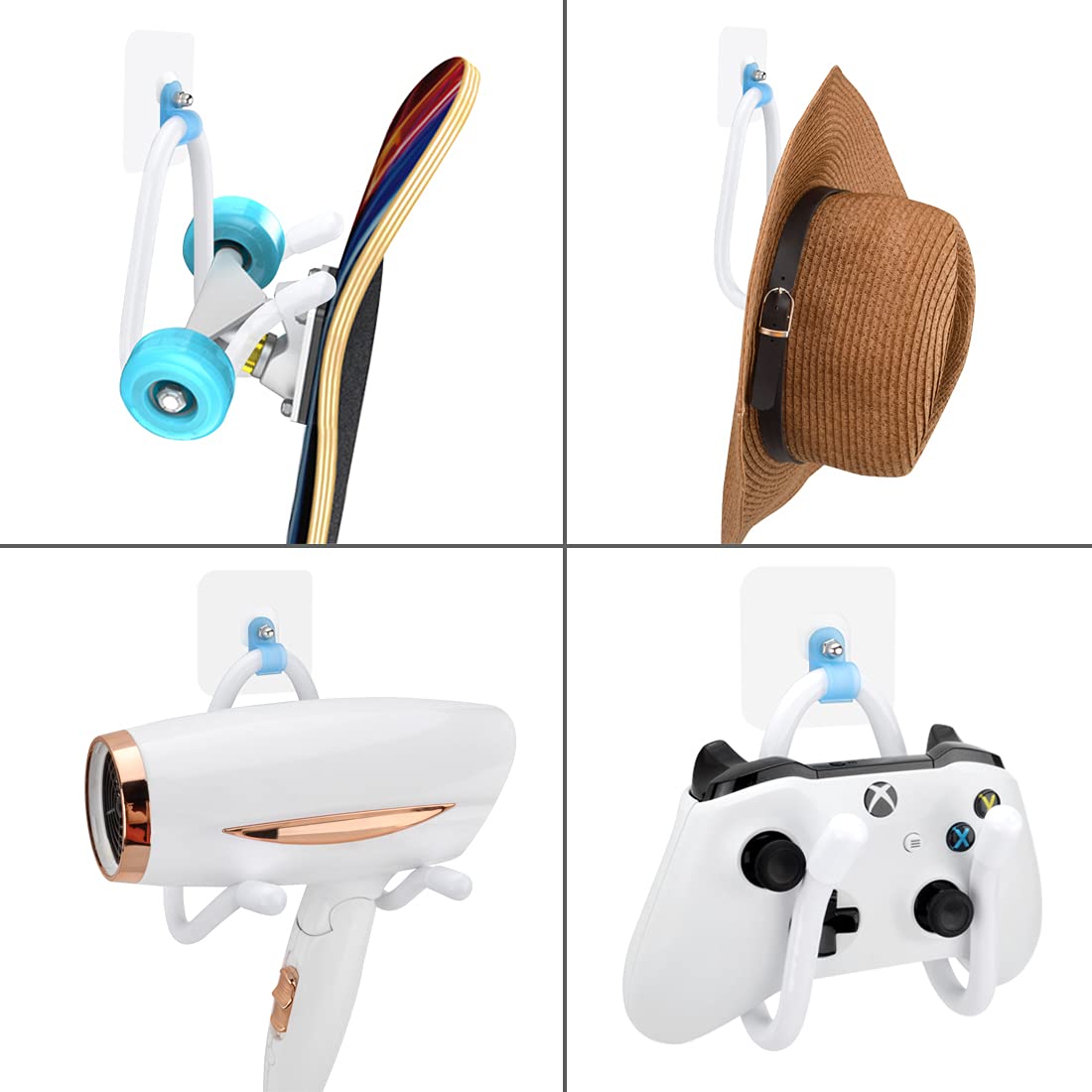 Linkidea Universal Controller Wall Mount Holder - Compatible with PS4, PS5, Xbox Series X/S, Nintendo Switch - Adjustable Headphone Hook & VR Headset Hanger - Space Saving Gaming Accessories (White, 4 Pack) - Perfect for Game Room Organization & VR Setup