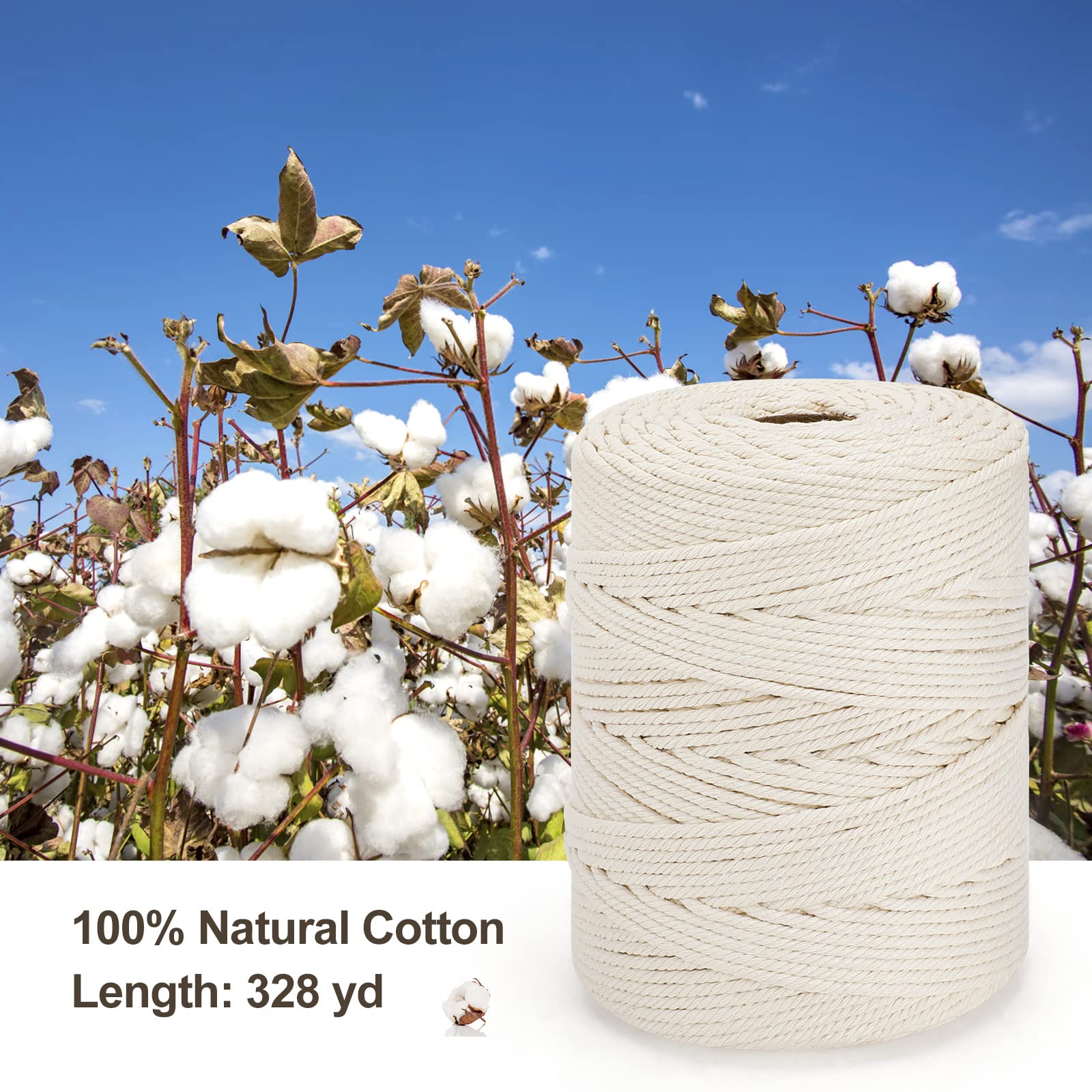 4mm x 328yd Natural Cotton Macrame Rope - 4 Strand Twisted DIY Craft Cord for Knitting, Plant Hangers, Wall Decor, Wedding & Boho Home Decor - Soft Gray Macrame String for Handmade Projects