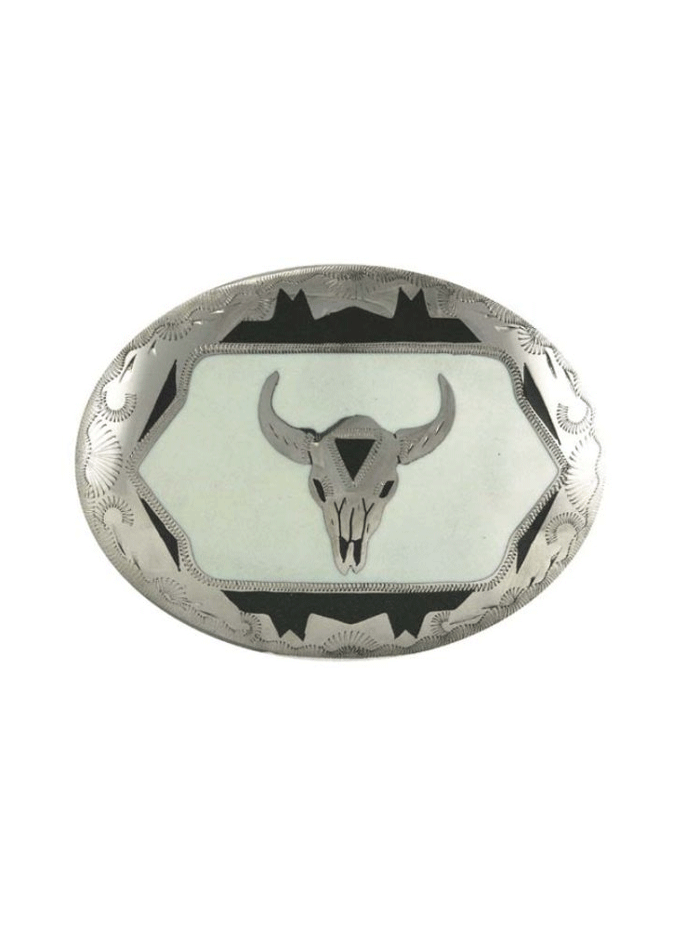 Colorado Silver Star 6005 WBB Silver Oval Skull Buckle with Black & White Pearls - Western Style Belt Accessory for Cowboy Boots and Jeans