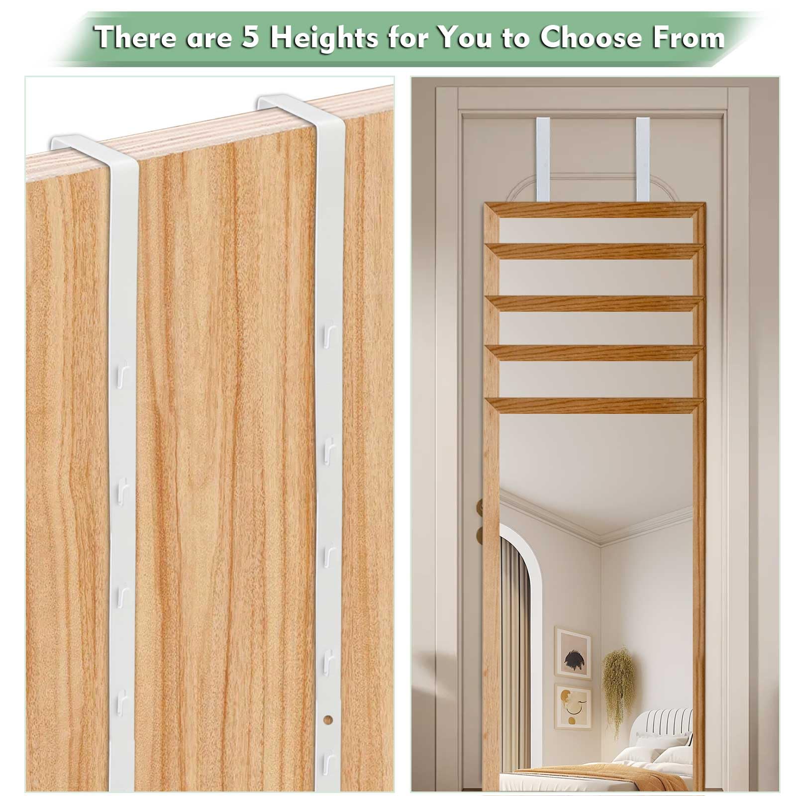 Adjustable Over-The-Door Mirror Hanger Set with Protective Lining - 2 White Door Mirror Hooks for Perfect Height & Fit (Mirror Not Included) - Ideal for Bedroom, Bathroom & Closet Organization