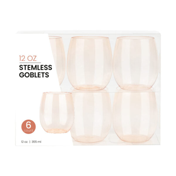 12 oz. Peach Transparent Stemless Wine Glasses Set of 6 - Perfect for Wedding Favors, Bridal Showers, and Elegant Dinner Parties