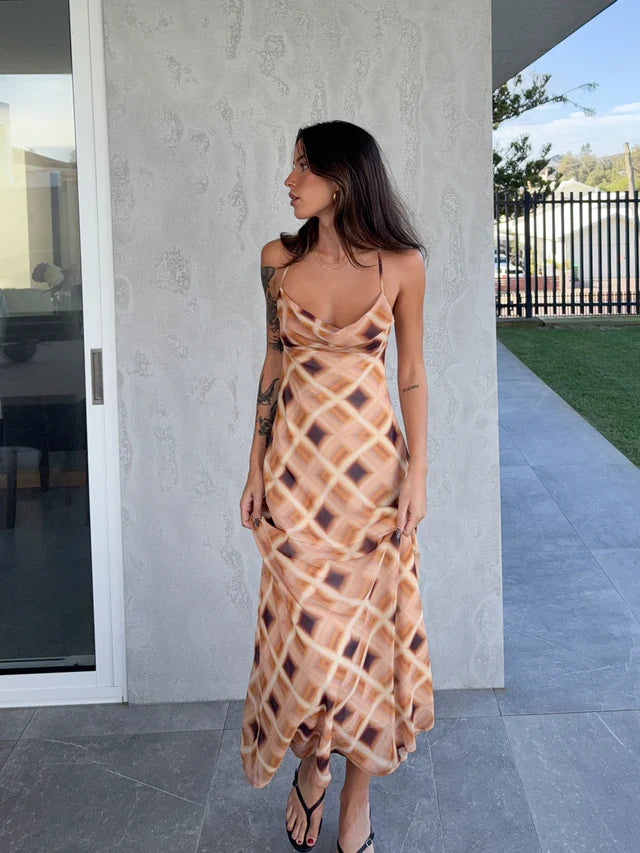 Elegant Remy Caramel Check Cowl Neck Strappy Maxi Dress for Women - Perfect for Weddings, Parties & Summer Vacations