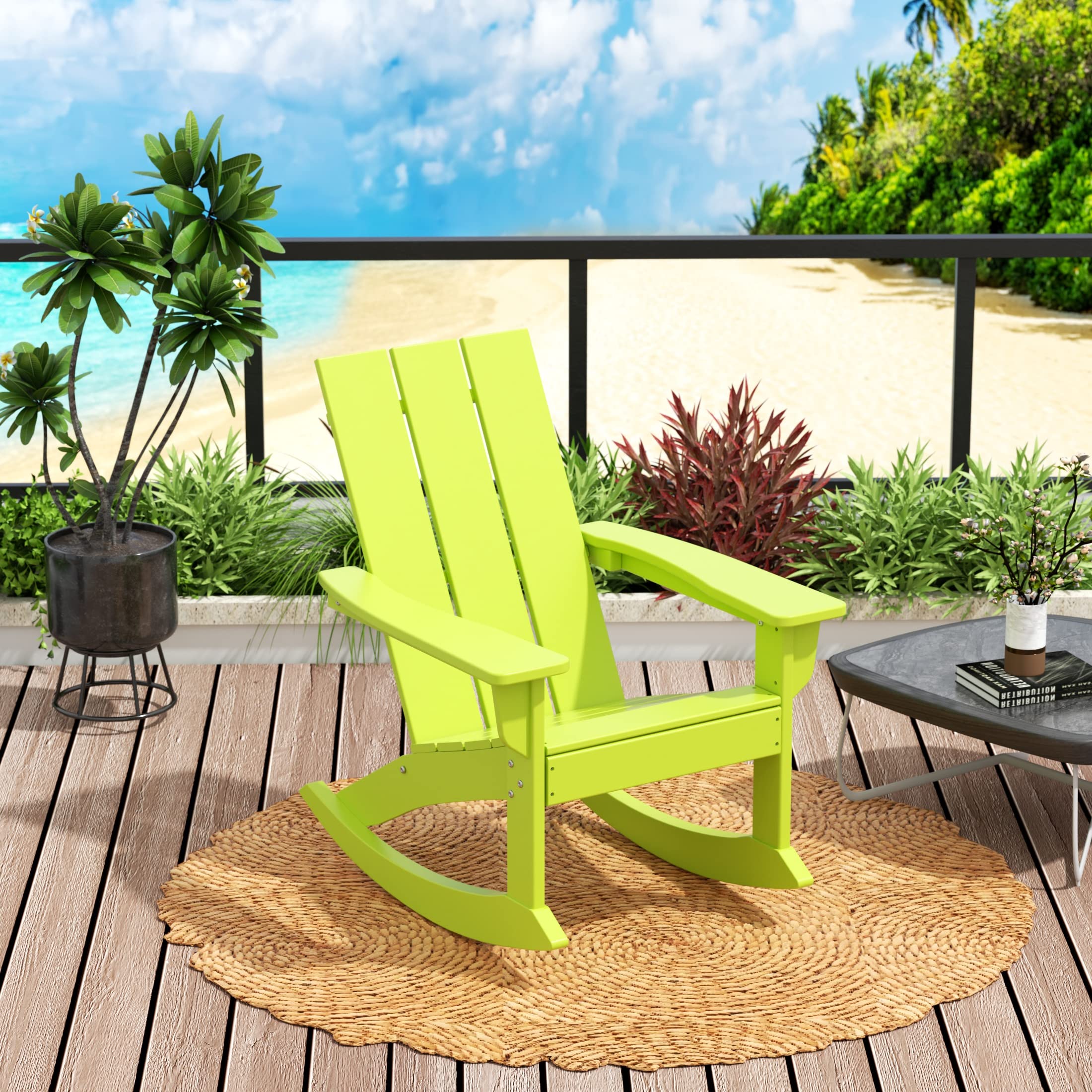 WO Home Furniture 4-Piece Patio Rocking Chair Set - Modern Outdoor HDPE UV-Resistant Rocking Chairs (Lime Green) - Perfect for Backyard, Garden, Poolside & Deck Relaxation