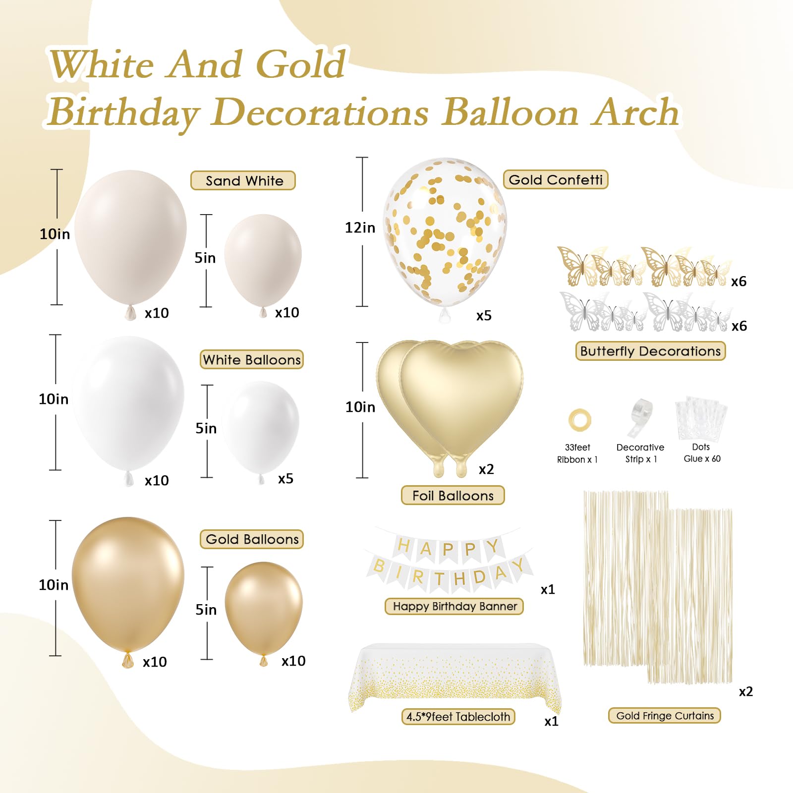 White & Gold Happy Birthday Party Decorations Set - Banner, Fringe Curtain, Tablecloth, Butterfly & Foil Balloons - Elegant Adult Women's Birthday Party Supplies | Perfect for Home, Office & Surprise Party Decor
