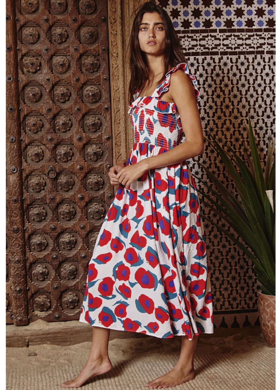 Flattering Floral Smocked Bodice Midi Dress - Made in USA | Perfect for Summer Weddings, Garden Parties & Date Nights