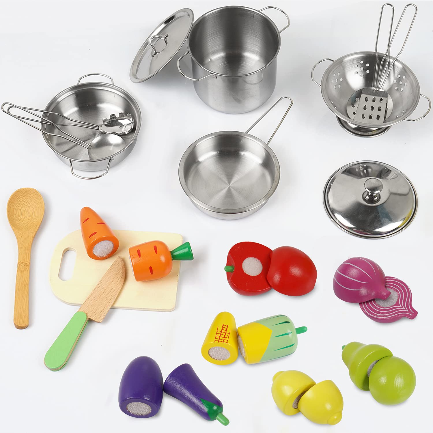Sundaymot Wooden Play Kitchen Accessories Set - Stainless Steel Cookware, Pots & Pans, Utensils, Apron & Chef Hat - Pretend Cooking Toy with Cutting Food for Kids - Perfect for Role Play, Birthday Gifts & Early Learning (Boys & Girls)