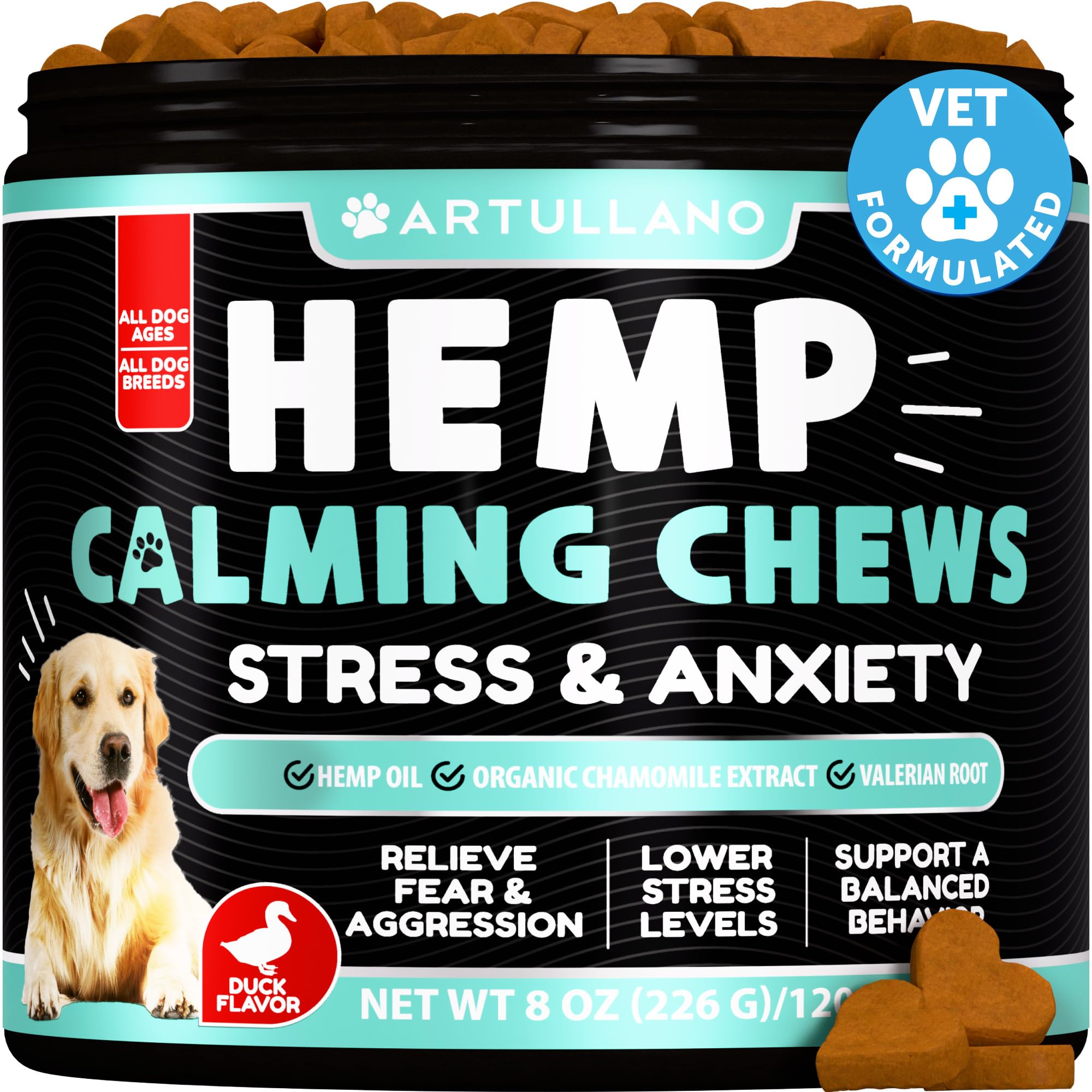 Organic Hemp Calming Chews for Dogs - Natural Anxiety Relief Treats with Hemp Oil, Turmeric & Valerian Root - Stress & Joint Support Supplement for Anxious Dogs - 120 Chews - Perfect for Travel, Storms & Separation Anxiety