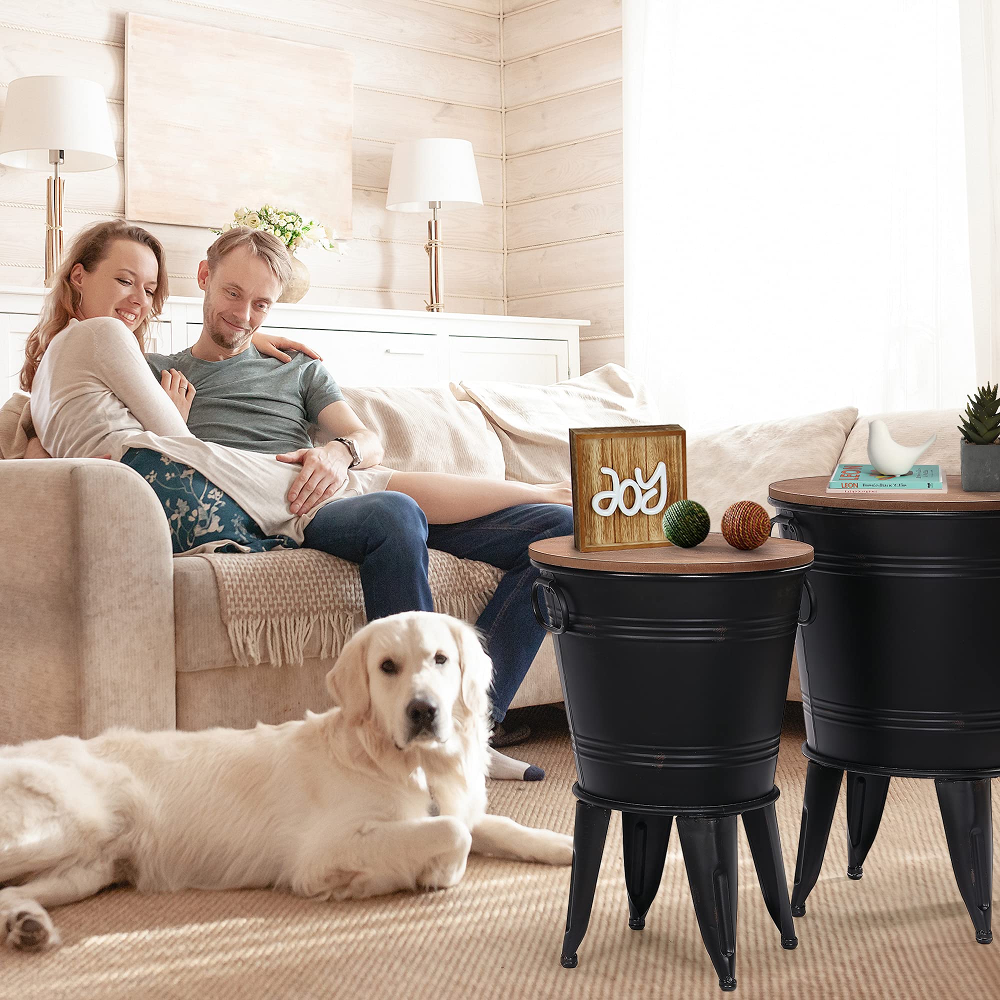 RUSTOWN Farmhouse Accent Side Table Set of 2 - Rustic Antique Galvanized Metal End Table with Round Wood Lid, Coffee or Cocktail Table with Storage Bin (Black) - Perfect for Living Room, Bedroom, or Patio Decor