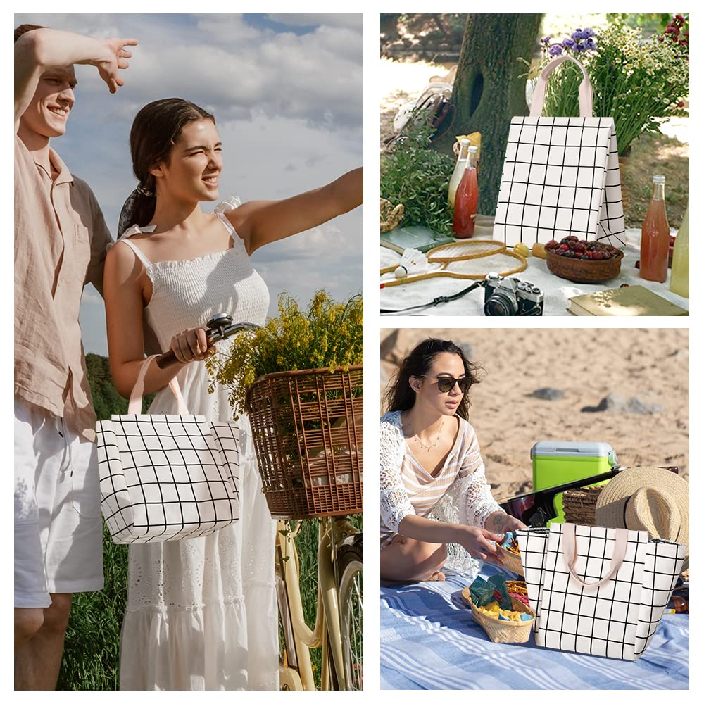 Eco-Friendly Reusable Insulated Lunch Bag with Aluminum Foil Lining - Thermal Lunch Tote for Women & Men - Perfect for Office, School & Picnics - Durable Canvas Fabric - White Plaid Design