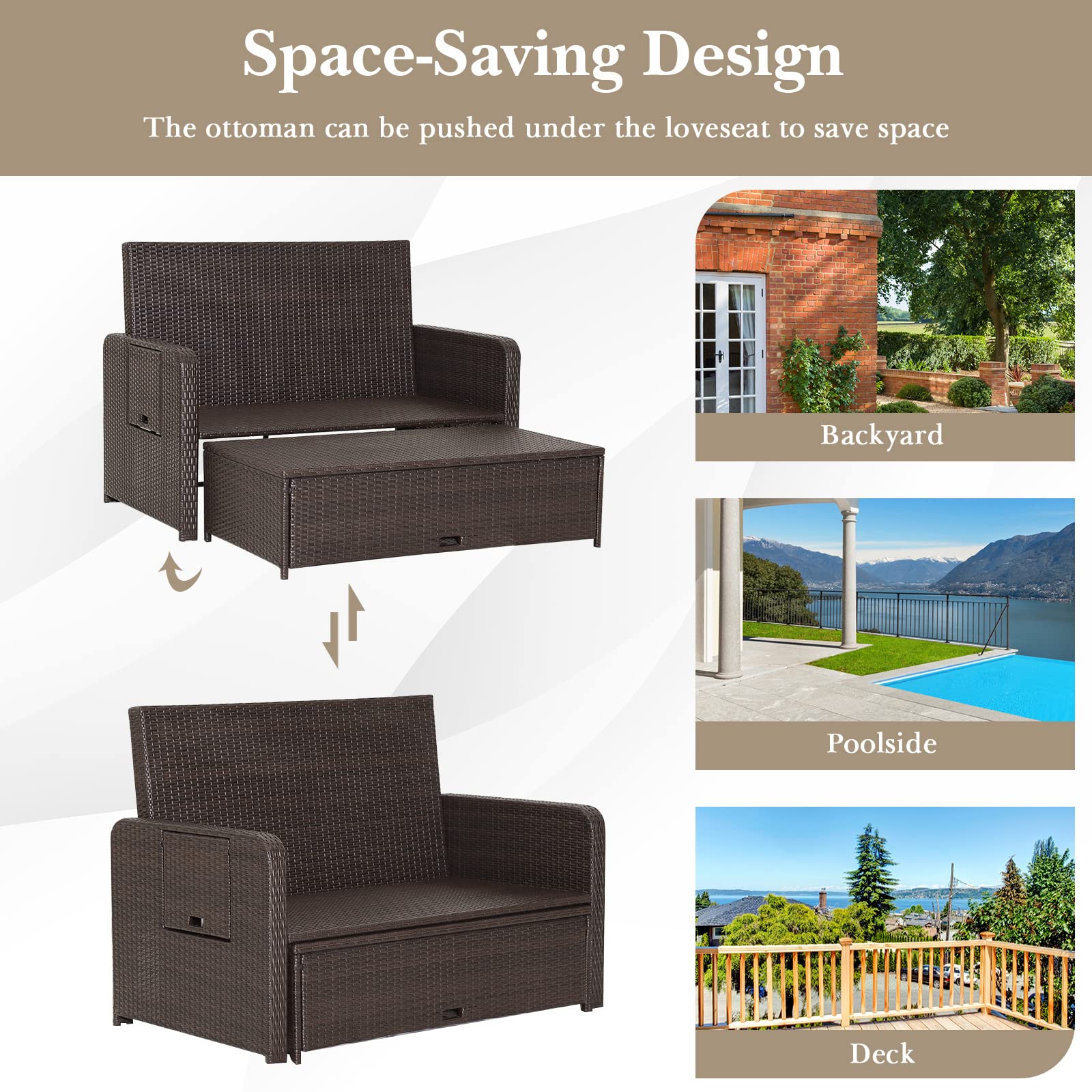 Tangkula Outdoor Rattan Daybed Set with Adjustable Backrest - Wicker Loveseat Sofa, Ottoman & Side Tray - Includes Storage Footstool & Cushions (Navy) - Perfect for Patio, Garden, Poolside & Backyard Relaxation