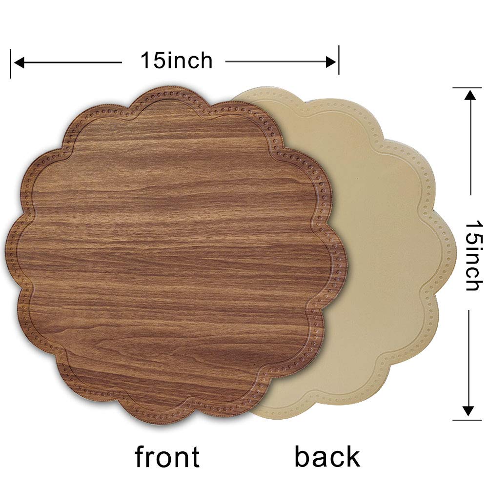 6-Pack Round Waterproof Placemats for Dining Table - Non-Slip Washable PU Table Mats for Kitchen & Home Decor (Wood Brown) | Perfect for Everyday Meals, Dinner Parties & Spill Protection