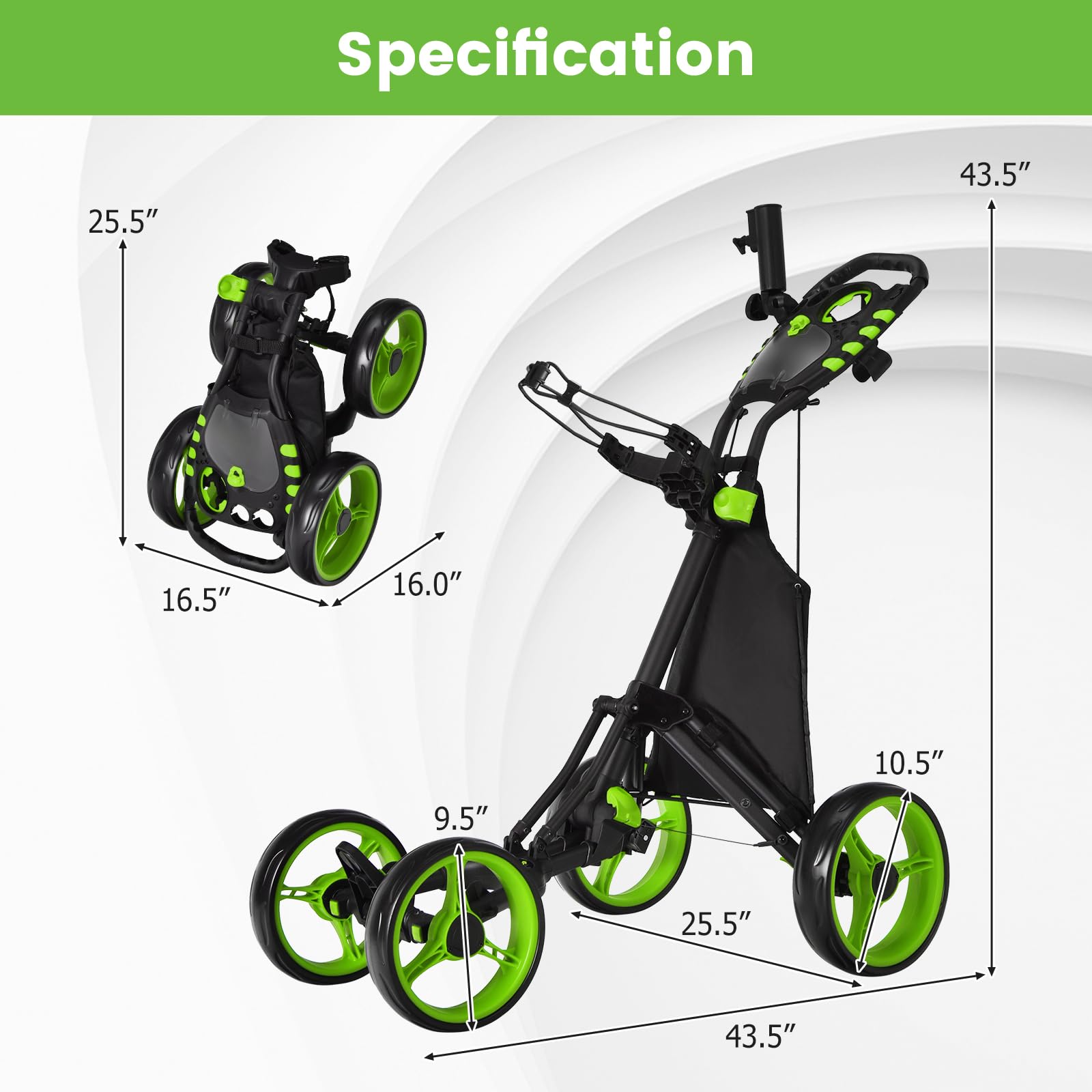 Ultimate 4 Wheel Golf Push Cart - Lightweight Folding Golf Trolley with Scorecard Holder, Cup Holder, Umbrella Mount & Cooler Bag | Adjustable Handle, Foot Brake & Elastic Strap for Golf Bag | Perfect for Course Rounds, Practice Sessions & Tournament Play