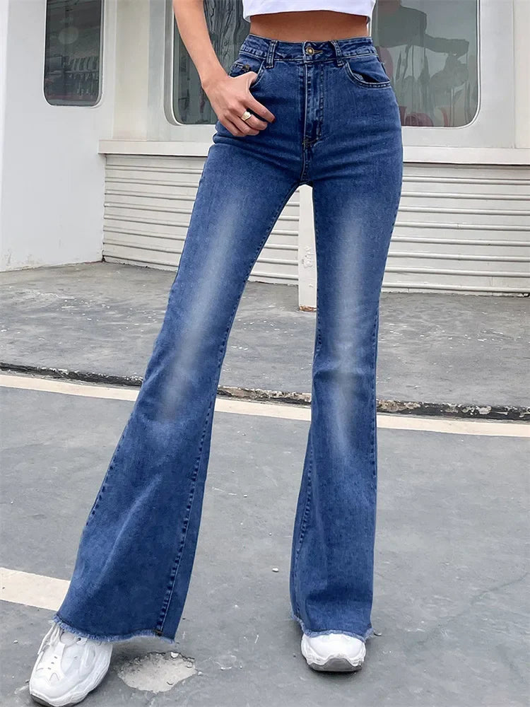 Benuynffy Women's High Waist Button Fly Raw Hem Flare Jeans - Slim Fit Full Length Denim Pants for Autumn Fashion | Perfect for Casual Outings, Date Nights & Office Wear