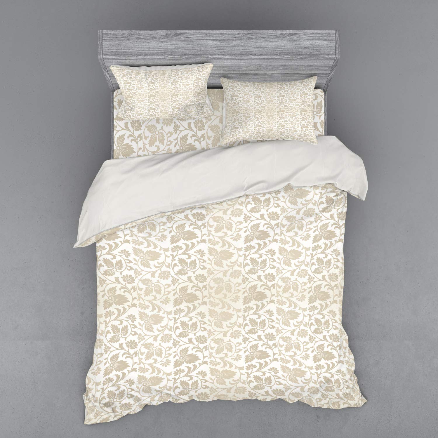 Ambesonne Floral Bedding Set - Queen Size 4-Piece Duvet Cover with Shams & Fitted Sheet, Victorian Retro Swirl Flowers Rococo Pattern in Beige White | Luxury Bedroom Decor for Master Bedroom, Guest Room & Airbnb
