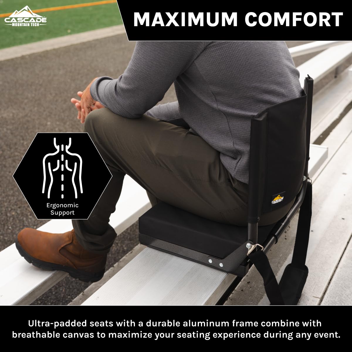Cascade Mountain Tech Deluxe Ultra Padded Stadium Seat - Comfortable Portable Bleacher Cushion for Football, Baseball, Concerts & Outdoor Events (Black, One Size)