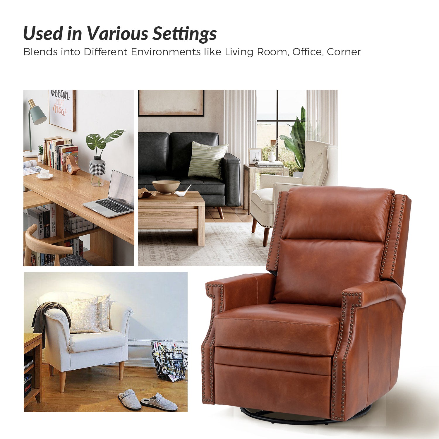 Canace Modern Genuine Leather Manual Glider Rocker Recliner Chair - Comfortable Swivel Lounge Chair for Living Room, Nursery, and Office Relaxation
