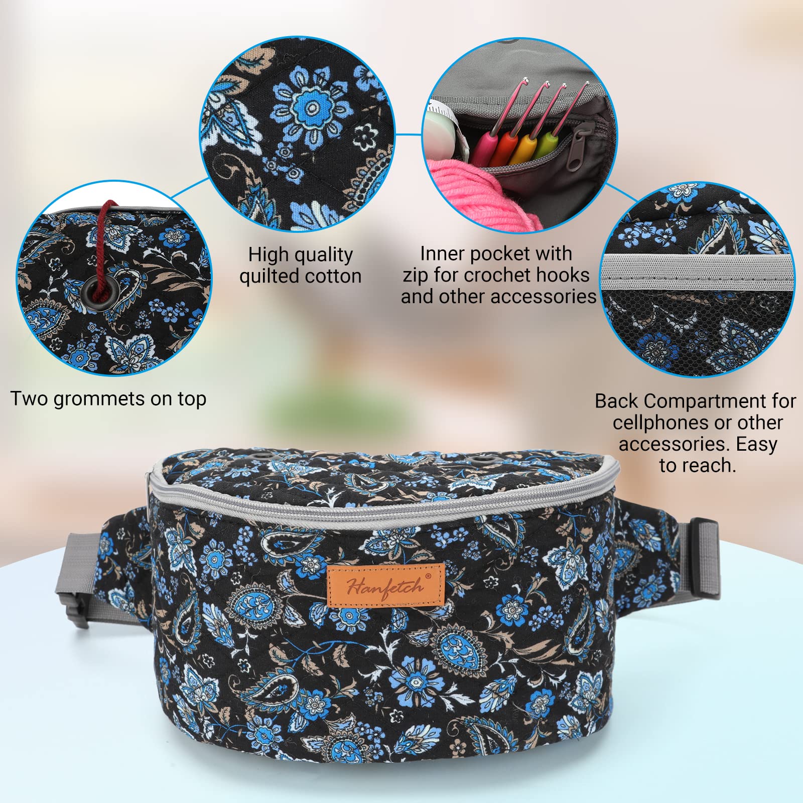 Yarn Crossbody Waist Bag - Small Yarn Storage Organizer for Crochet Hooks & Accessories - Paisley Design - Perfect for Knitting, Crocheting & Crafting On-The-Go