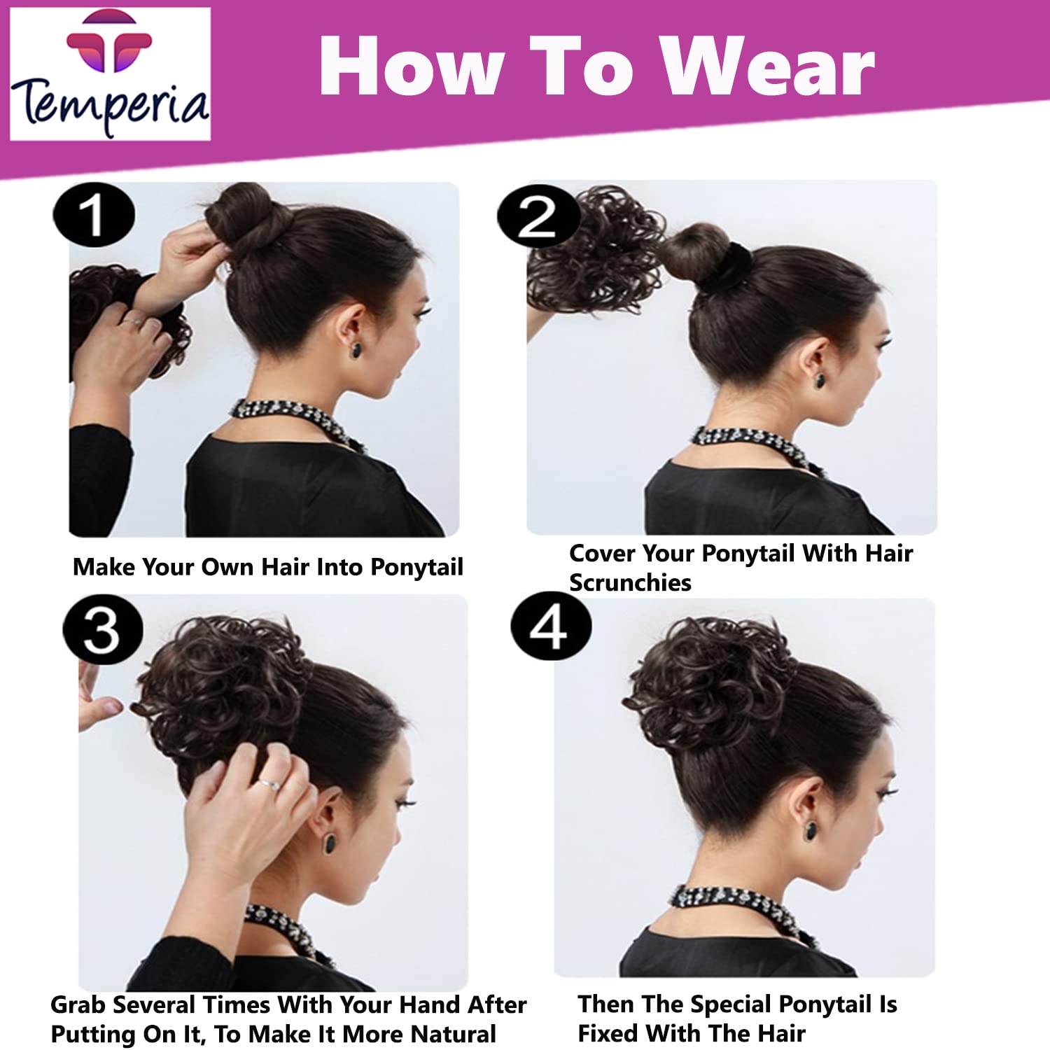 TEMPERIA (2-Pack) Women's Hair Bun Maker & Extension - Stylish Juda Hair Buns, Messy Bun Donut, Fake Hair Scrunchies with Elastic Band - Natural Brown - Perfect for Updos, Ponytails & Everyday Hairstyles