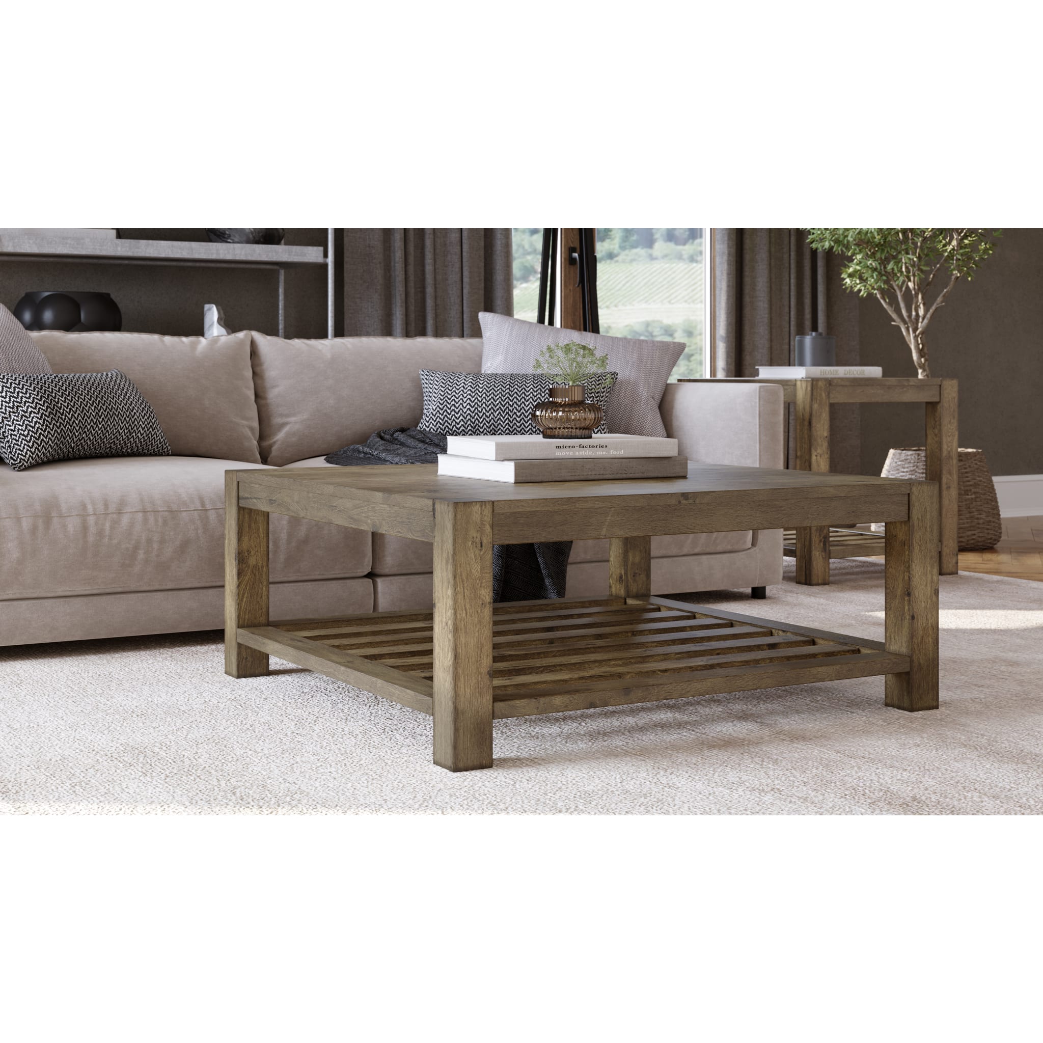 Solid Wood Square Coffee Table - Washed Grey Finish - Modern & Rustic Living Room Furniture for Home Decor