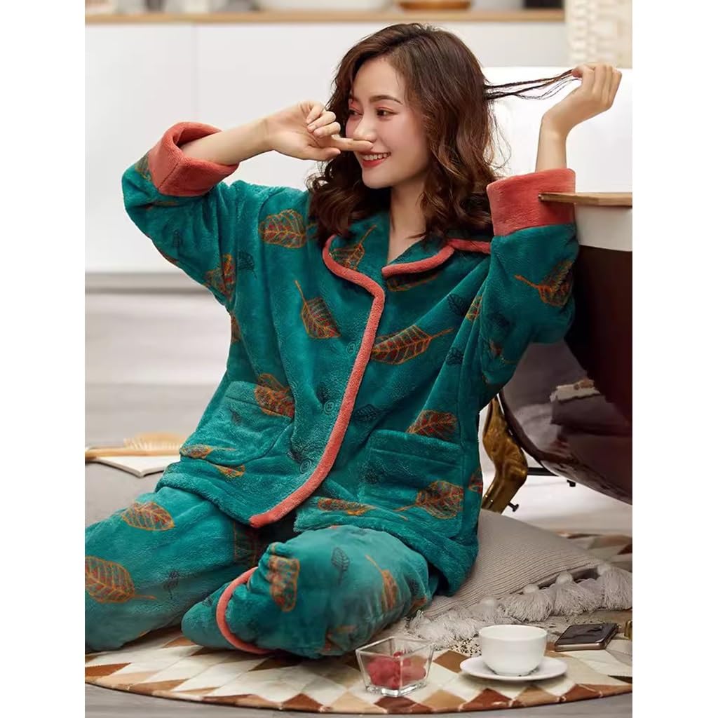 Women's Christmas Pajama Set with Plush Fleece Robe - Soft Long Sleepwear Nightgown for Women (Green, Size L) | Cozy Holiday Loungewear for Winter Nights & Gift Giving