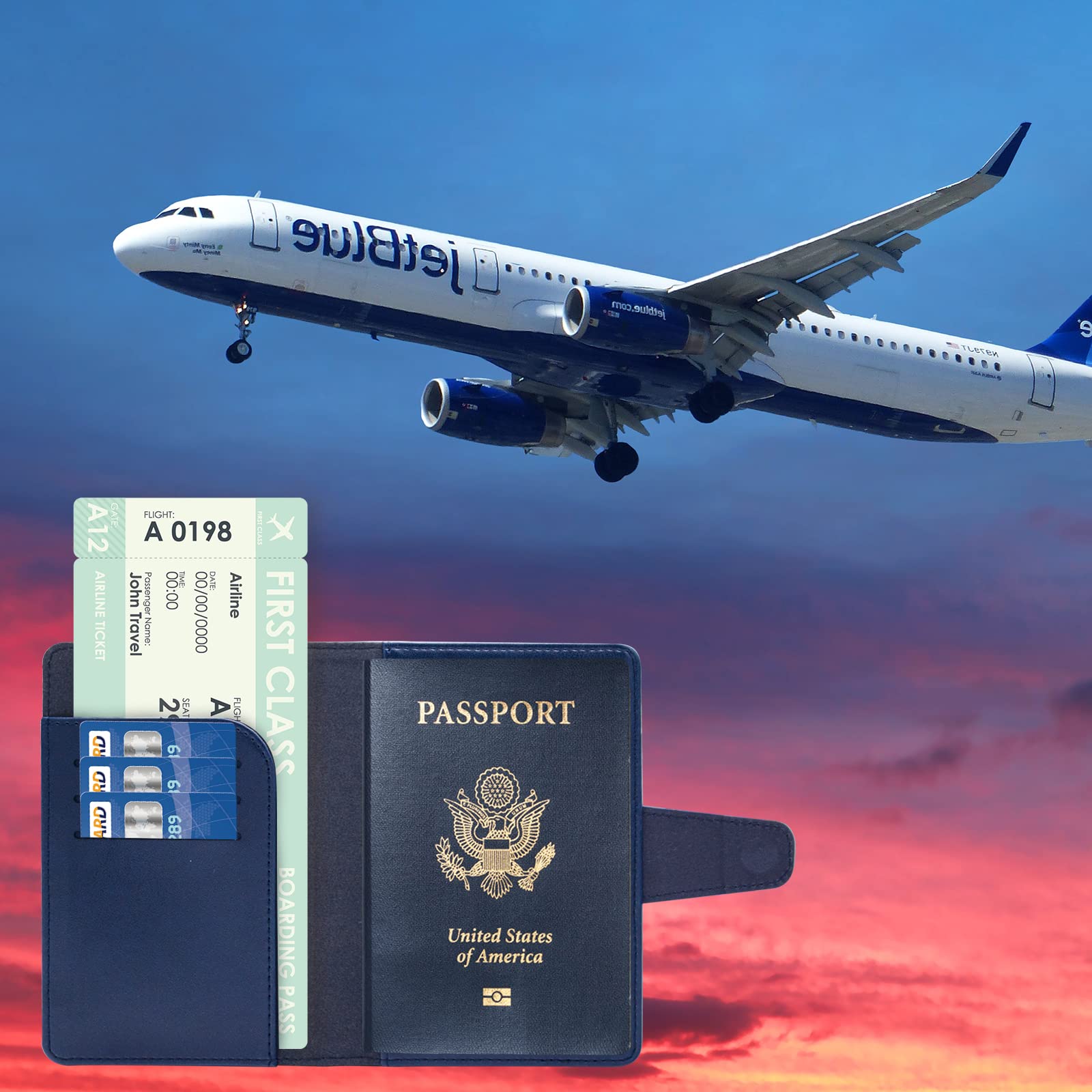 Premium RFID Blocking Passport Holder Wallet - Travel Essentials with Credit Card Slots & Air Ticket Pocket - Secure & Stylish Blue Passport Cover for International Trips & Business Travel