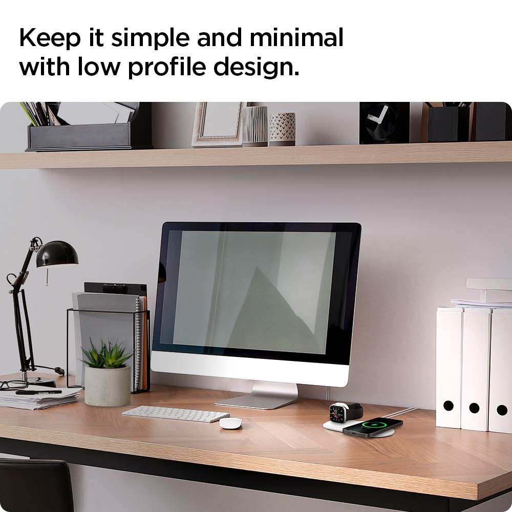 Spigen Mag Fit Duo - Magsafe Charger Stand for iPhone 16/15/14/13/12, Apple Watch Stand for All Series, AirPods Charging Pad - White | 3-in-1 Wireless Charging Station for Home, Office & Nightstand