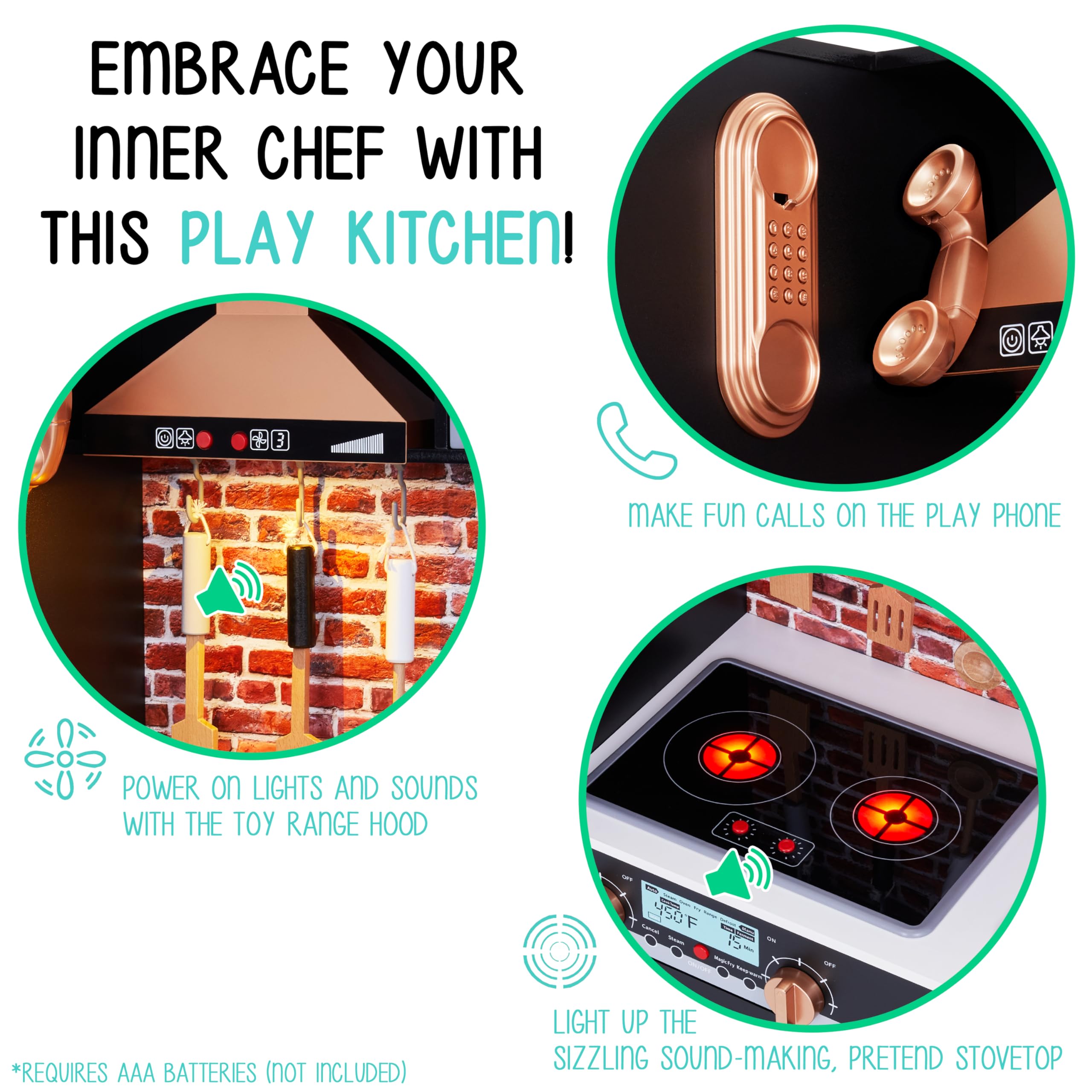 Lil' Jumbl Kids Wooden Play Kitchen Set with Realistic Sounds & Lights - Battery Operated Icemaker, Microwave, Stove, Oven & Range Hood - Includes Pots, Pans & Utensils - Perfect for Pretend Cooking & Role Play Games for Toddlers & Preschoolers