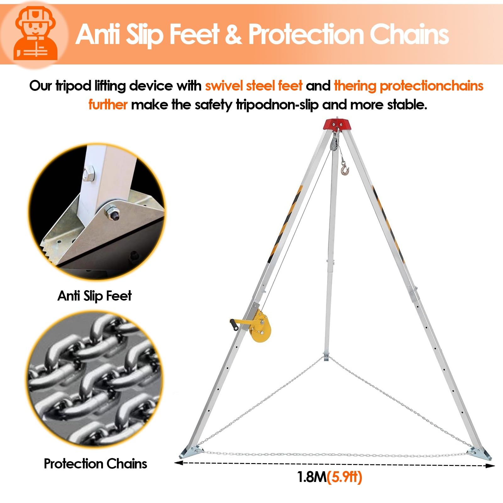 HPTHLY 2.14m Aluminum Confined Space Tripod | Heavy Duty Rescue Tripod with Fall Protection | OSHA Compliant for Industrial Work, High Altitude Operations & Firefighting Safety | Perfect for Construction Sites, Emergency Rescue & Confined Space Entry
