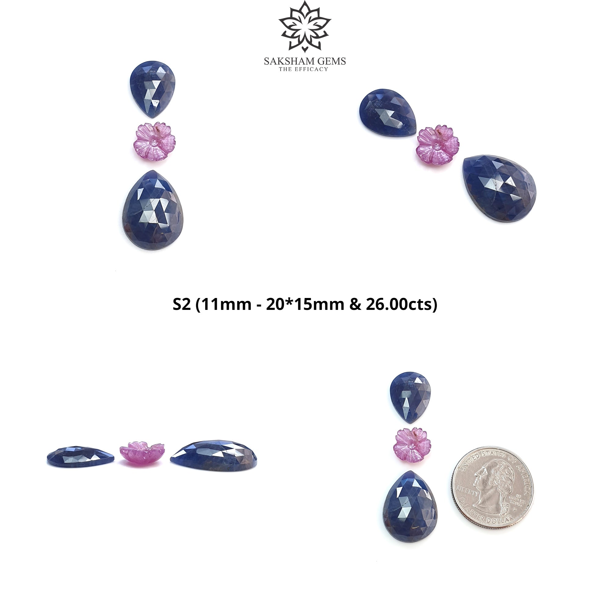 Natural Untreated Blue & Pink Sapphire Gemstone Set - Rose Cut Round Flower with Pear Shape (3pcs) | Handcrafted Jewelry for Engagement Rings, Wedding Bands & Special Occasion Gifts