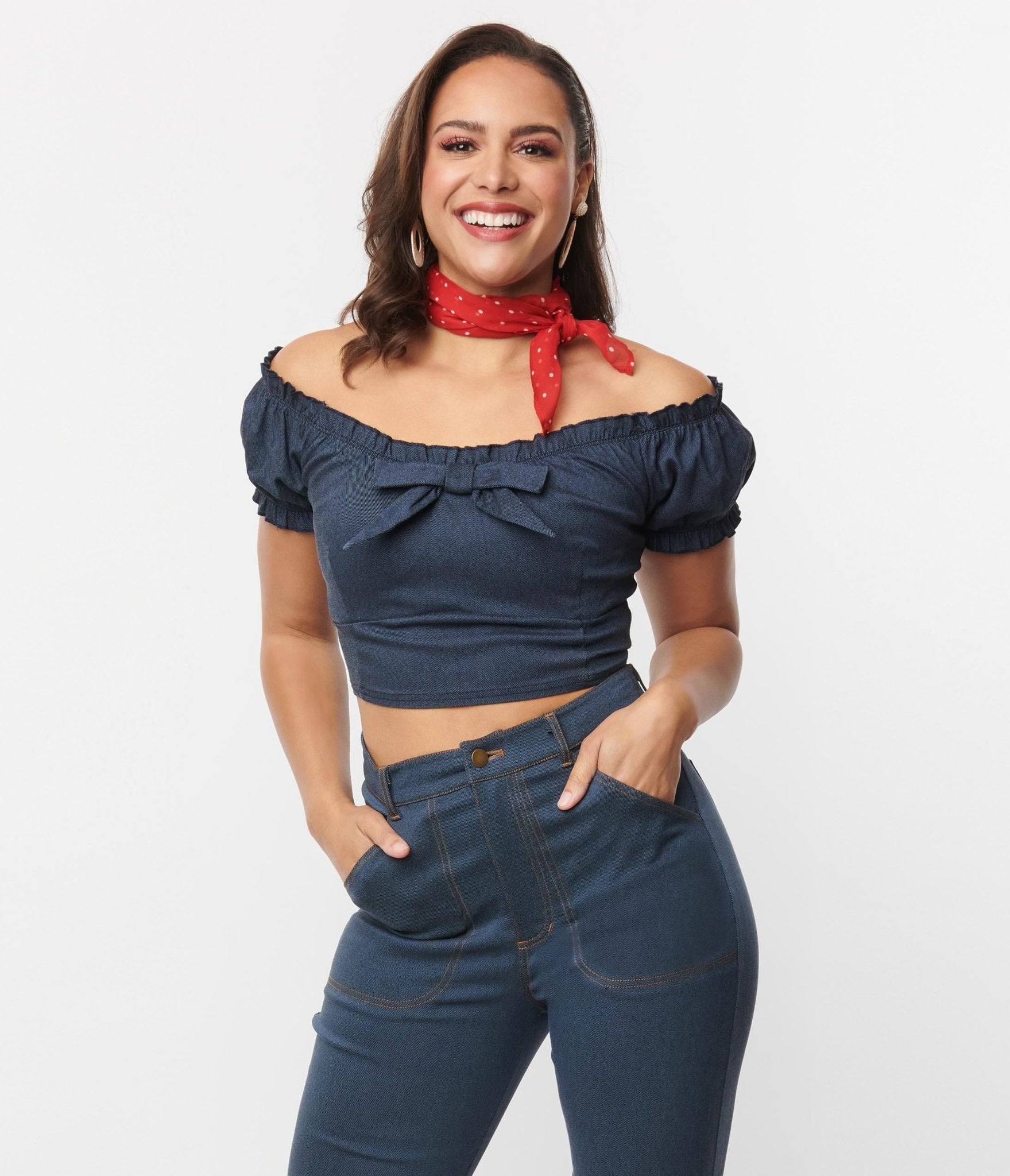 Vintage Denim Puff Sleeve Off Shoulder Crop Top - Retro 90s Fashion Women's Blouse for Casual Outings & Summer Festivals