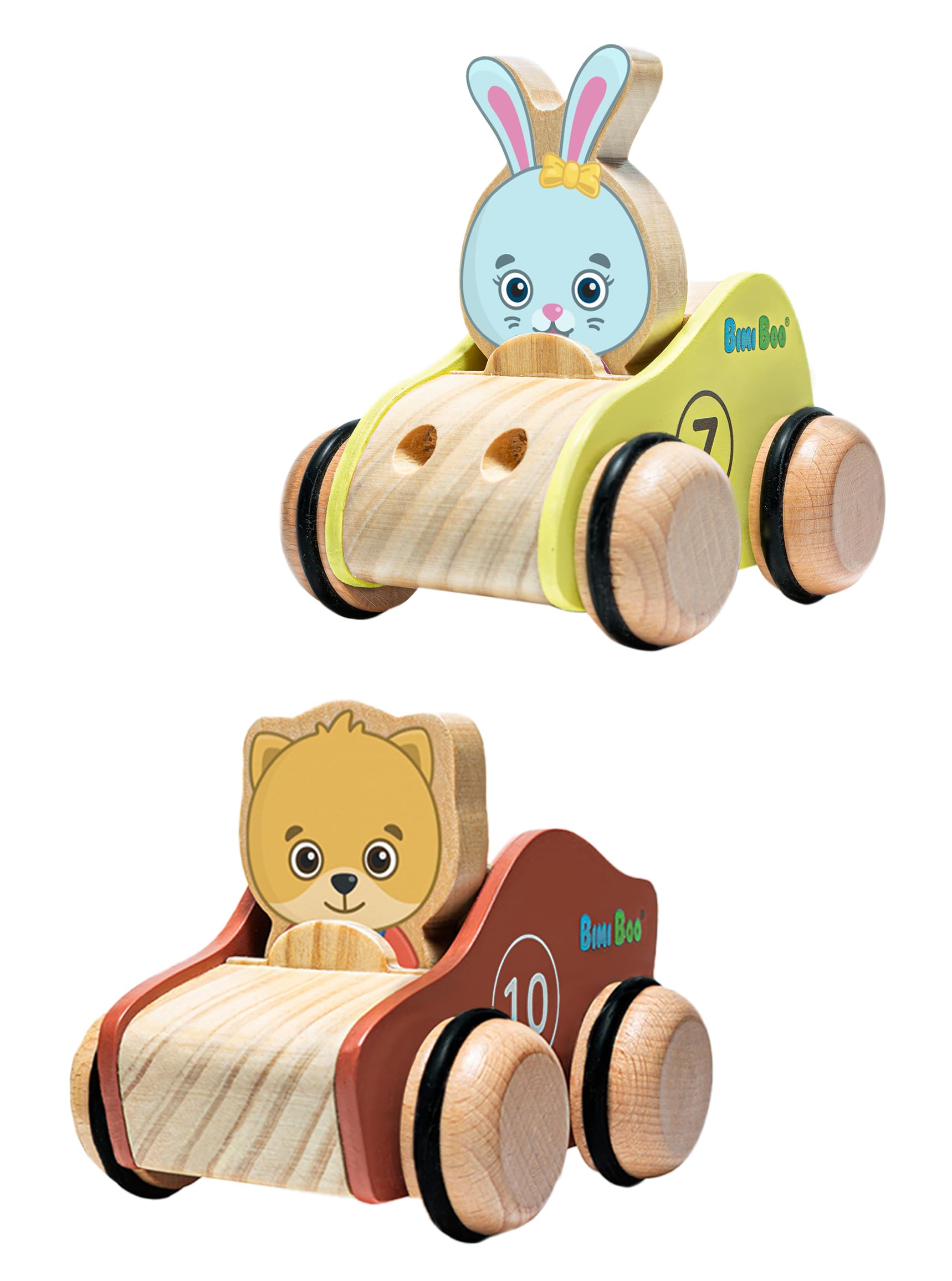 Bimi Boo Wooden Toy Car Set for Toddlers - 2-Piece Push & Go Race Cars with Chunky Playable Characters - Early Learning Grasping Toys for Boys & Girls - Perfect for Indoor Play, Birthday Gifts & Preschool Development