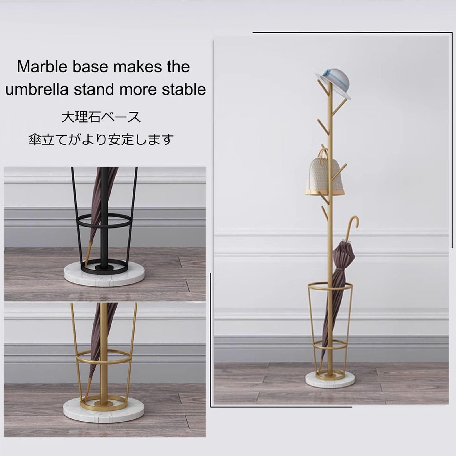 Stylish Metal Umbrella Stand with Coat Rack - Heavy Duty Entryway Organizer with Marble Base & Multiple Hooks for Hats, Bags & Accessories (Gold & Black) - Perfect for Foyer, Porch, Mudroom & Home Decor