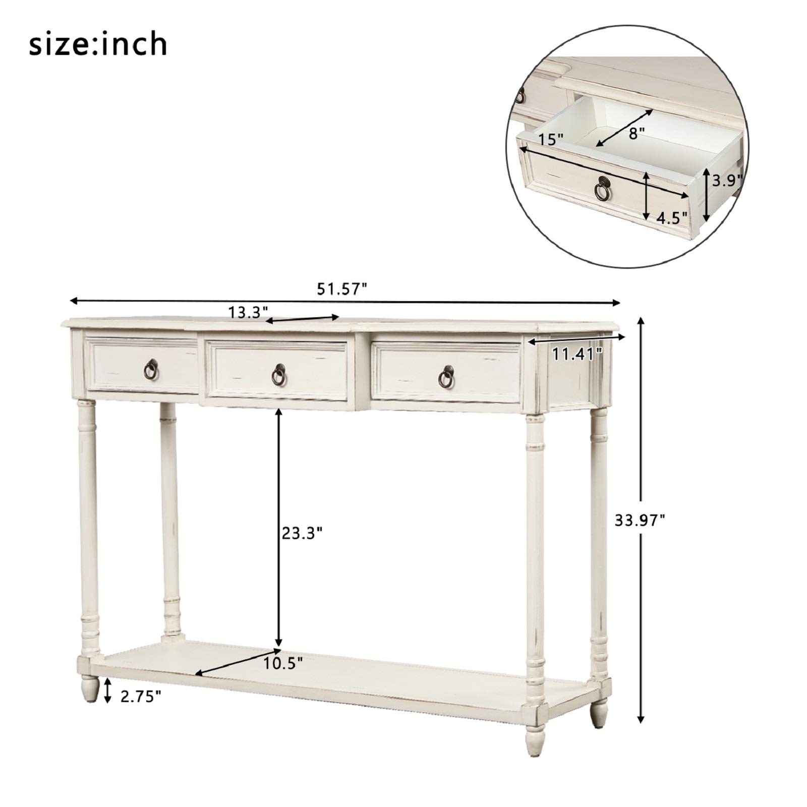 Rhomtree Wood Console Table with Storage Drawers & Bottom Shelf - Entryway Sofa Table, Long Sideboard for Living Room & Hallway - Antique White | Perfect for Small Space Organization & Home Decor