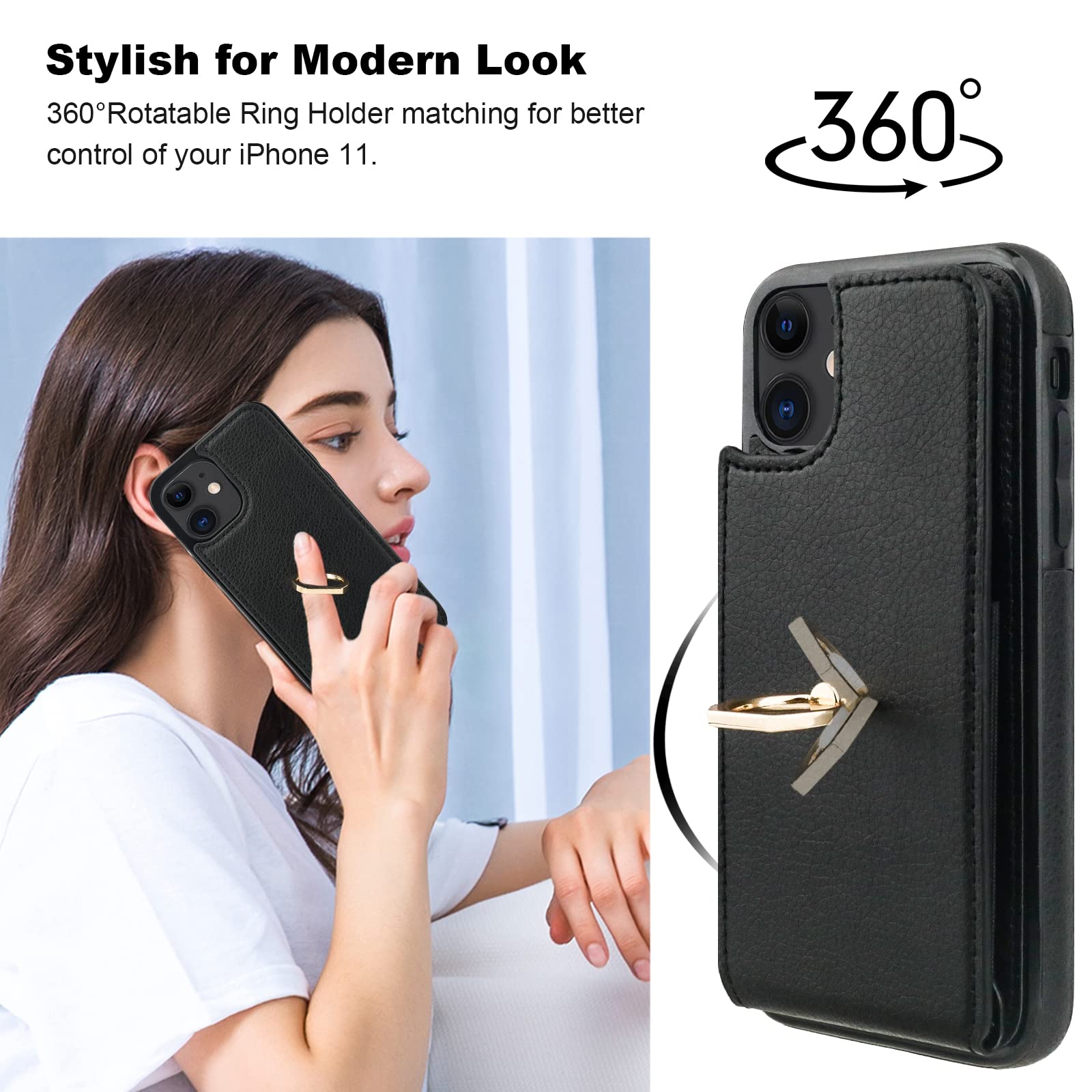 Folosu iPhone 11 Case Wallet with Card Holder - 360° Rotating Finger Ring Stand, Kickstand & RFID Blocking PU Leather Cover | Shockproof Flip Case for 6.1