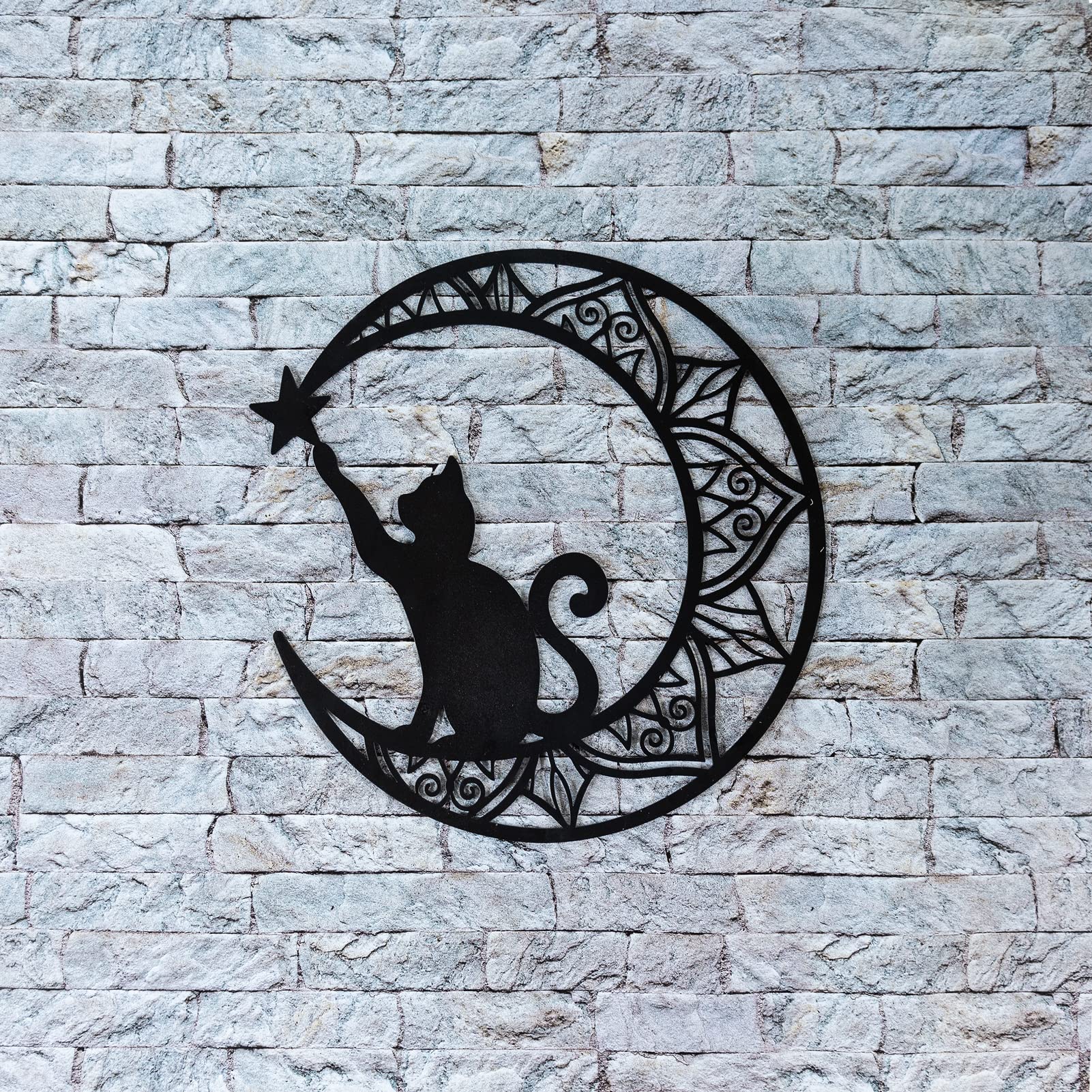 EYONGLION 13Inch Black Metal Cat Wall Decor - Moon & Stars Wall Art for Cat Lovers, Unique Gift for Women - Perfect for Home, Office & Nursery Decor