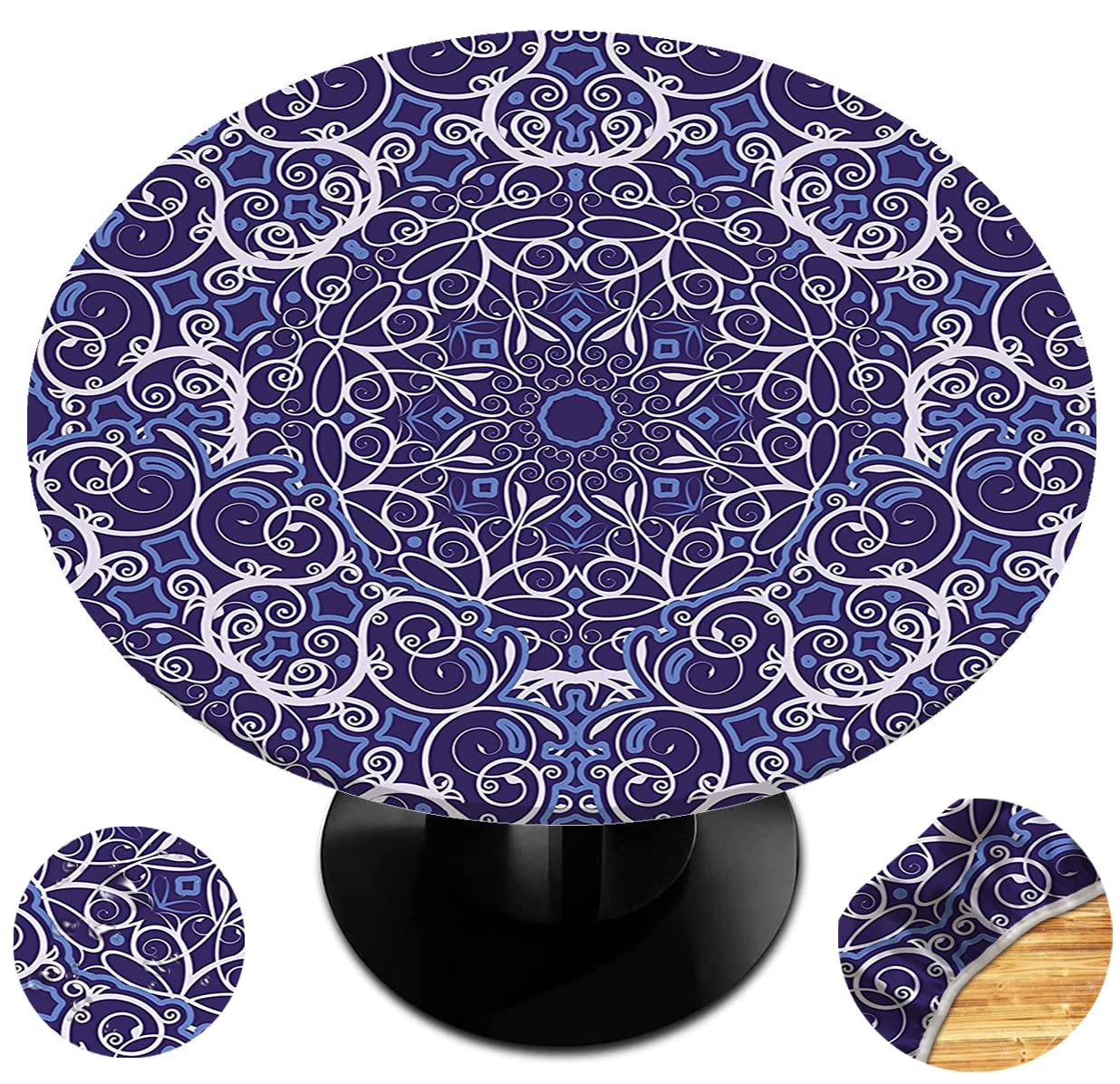 Navy Blue Bohemian Kaleidoscope Flowers Elastic Edge Round Tablecloth - Fits 52