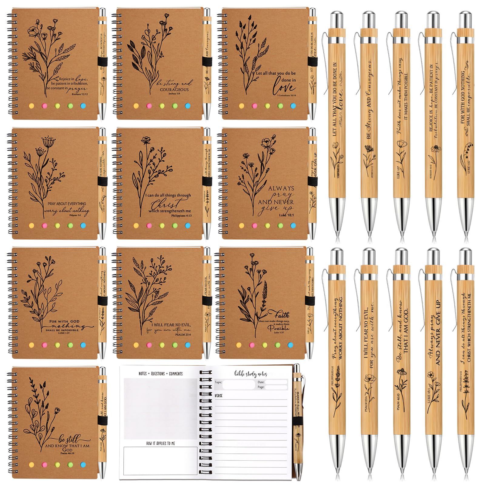 10-Pack Christian Prayer Journals with Bible Verses, Sticky Notes & Pens - Aesthetic Spiral Notebooks for Women, Sunday School, Bible Study & Mother's Day Church Gifts (Floral Design, Study Page Style) | Perfect for Daily Devotionals, Scripture Writing & Religious Note-Taking