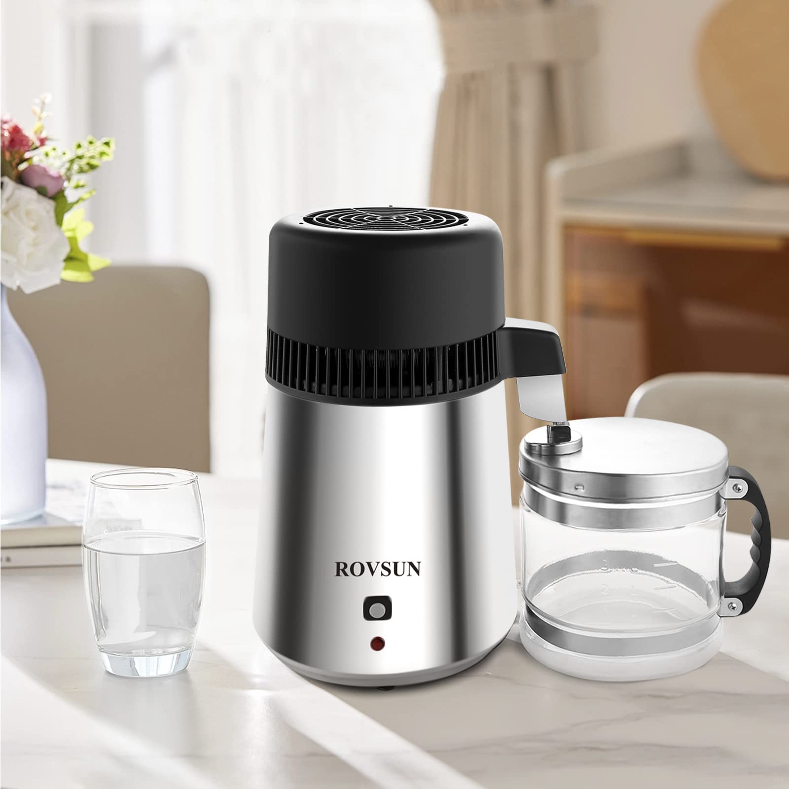 ROVSUN Upgraded 1.1 Gallon/4L Stainless Steel Water Distiller for Home - 750W Countertop Distilled Water Maker Machine with Glass Container (1L/H Output) - Perfect for Drinking, Baby Formula, Humidifiers & Medical Use