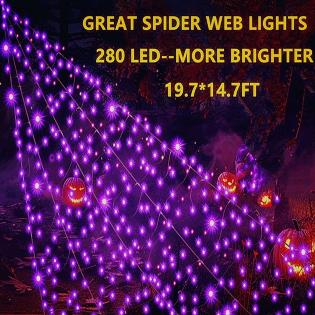280 LED Giant Purple Spider Web Lights - 19.85Ft x 14.76Ft Halloween Decor with 8 Lighting Modes | Outdoor Halloween Decorations for Patio, Garden, Haunted House, Yard & Party Decor
