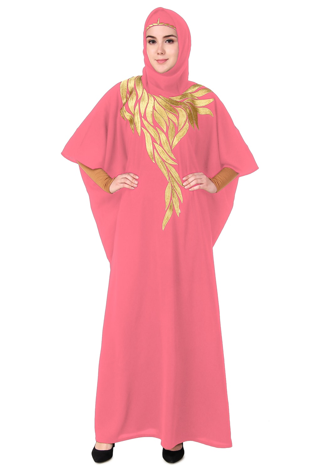 Handmade Gold Embroidered Multi-Leaf Design Kaftan Dress - Elegant Boho Chic Loungewear for Women, Perfect for Beach Cover-ups, Resort Wear & Summer Evenings