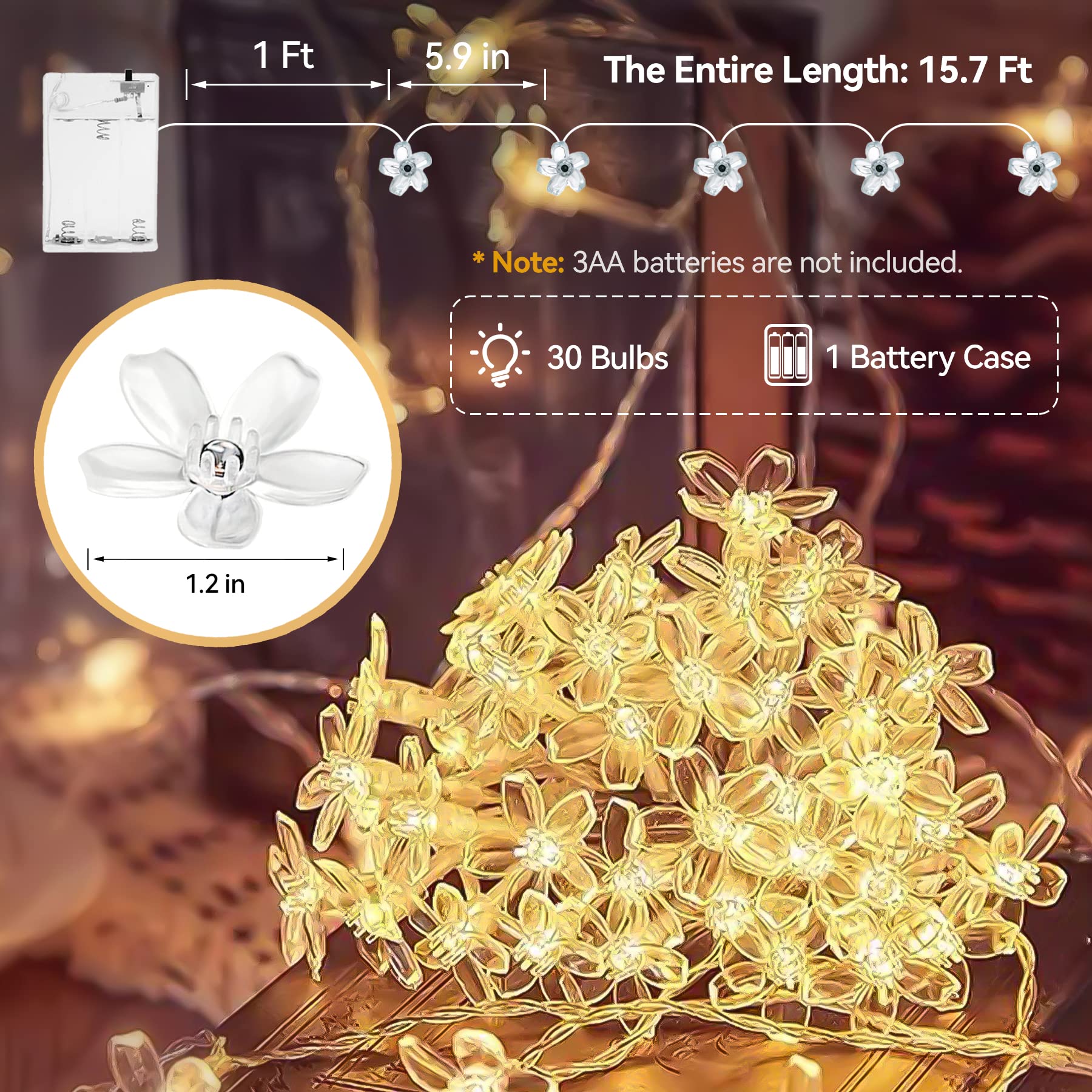 LIGHTOP 30LED Cherry Blossom Fairy Lights - Battery Operated Waterproof String Lights for Indoor/Outdoor Use | Perfect for Bedroom, Garden, Wedding, Camping, Birthday Party & Terrace Decorations