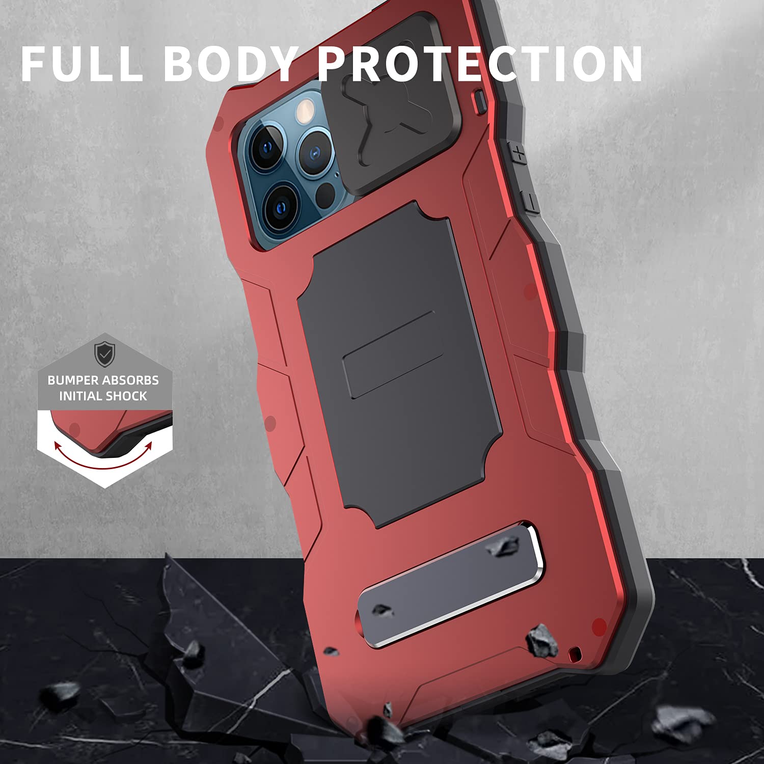 iPhone 12 Pro Max Heavy Duty Rugged Case with Camera Protector & Stand | Military-Grade Metal Silicone Full Cover | Includes Screen Protector & Slide Camera Cover | Perfect for Outdoor Activities, Travel & Extreme Sports (Red)