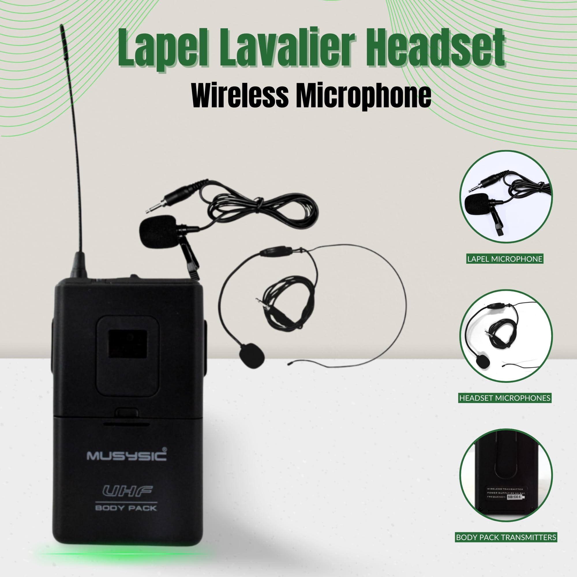 MUSYSIC 2-Channel Professional Wireless UHF Microphone System with 300ft Range - Fixed Frequency Bodypack Headset & Lapel Mic for Singing, Karaoke, Church, DJ, Public Speaking, Presentations & Live Performances