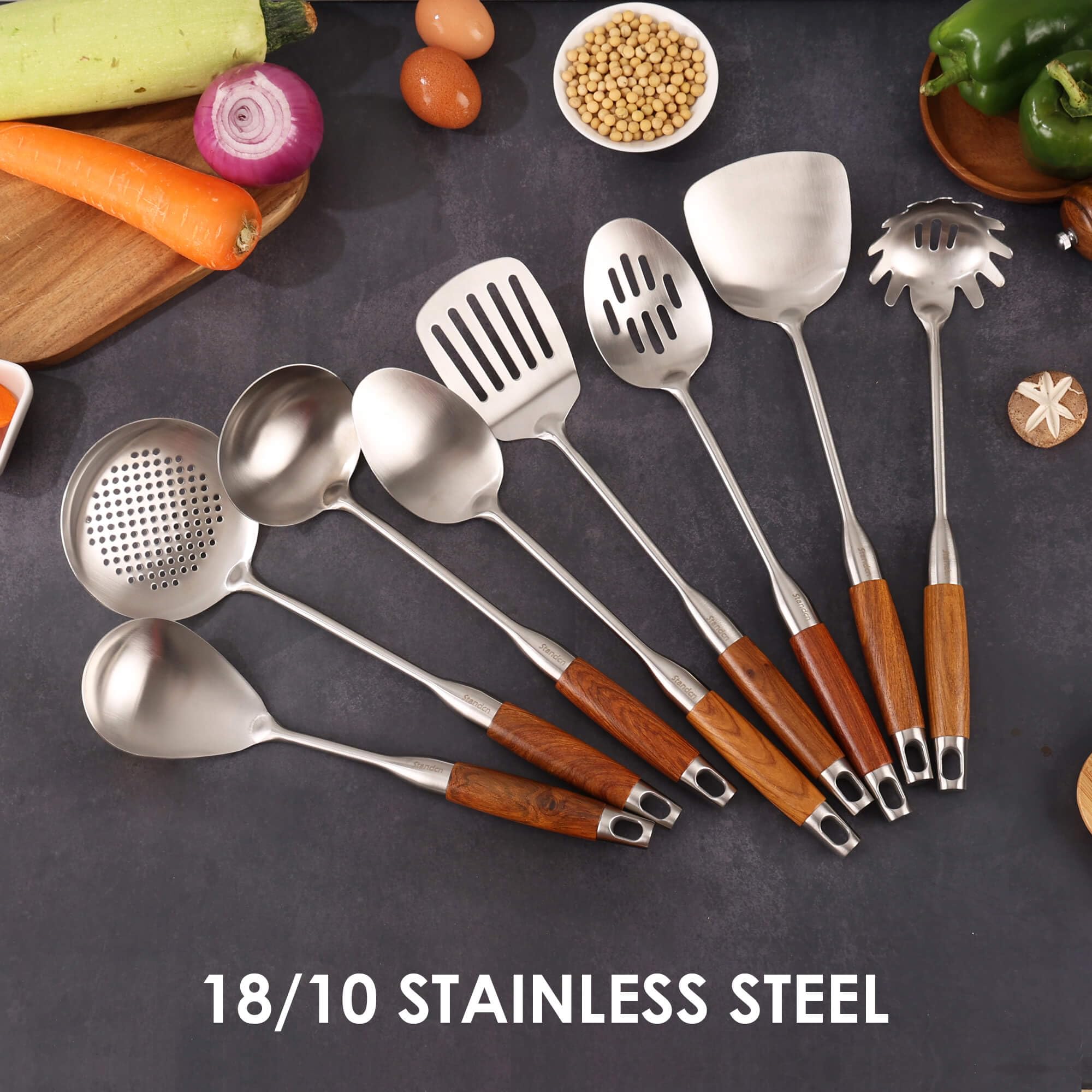 Premium 18/10 Stainless Steel Kitchen Utensil Set with Ergonomic Wood Handle - 8-Piece Cooking Spoons Set (15