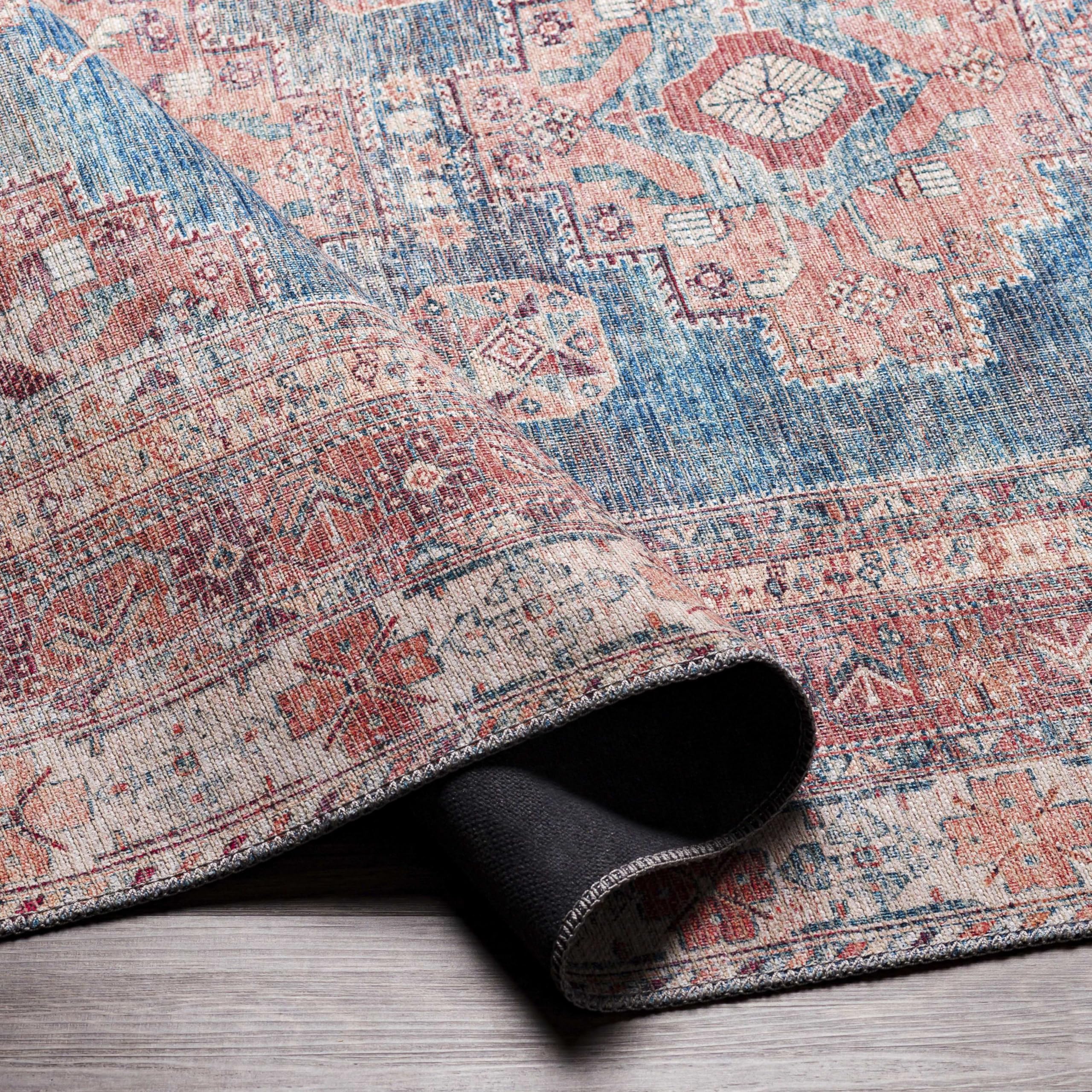 Mark&Day Washable Rugs 6x9 McCordsville Traditional Coral Area Rug - Machine Washable Pink Blue Carpet for Living Room, Bedroom, Kitchen (6'7