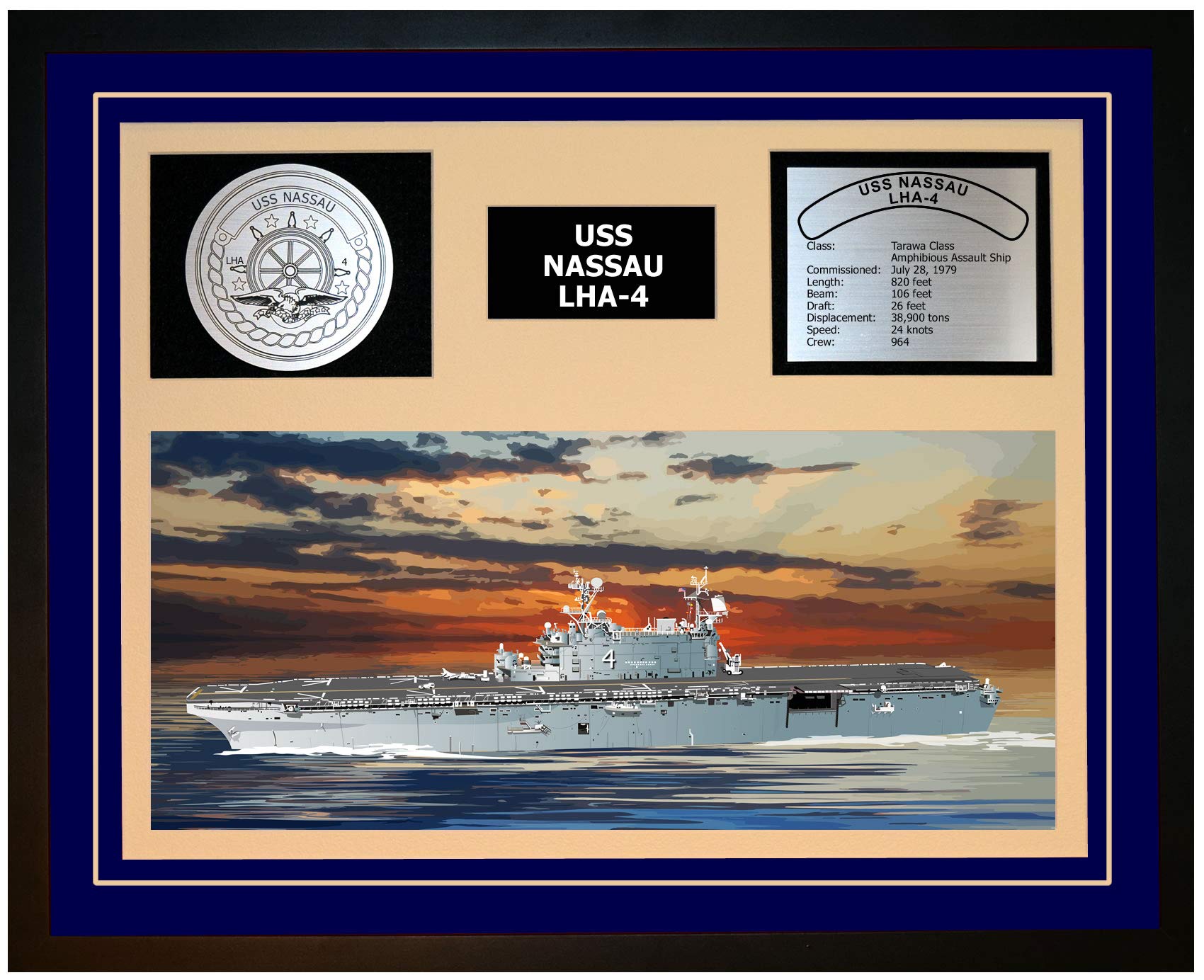USS Nassau LHA 4 Navy Ship Model - Blue Framed Military Display for Home & Office Decor | Perfect for Veterans, Navy Enthusiasts & Patriotic Gifts
