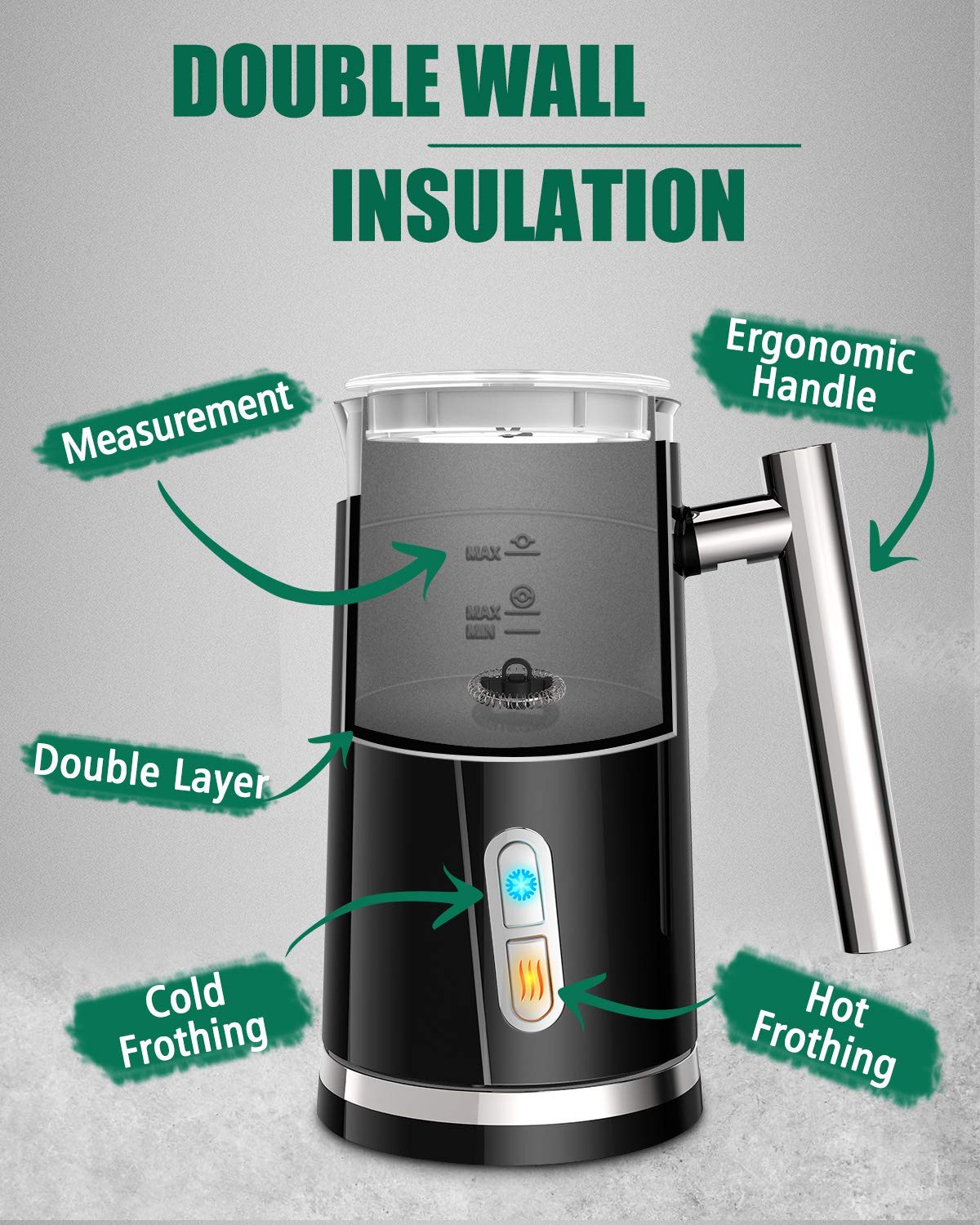 Premium Electric Milk Frother & Warmer - 4.5oz/10.5oz Capacity for Perfect Milk Foam & Hot Milk - 120V Black Coffee Frother for Lattes, Cappuccinos & Hot Chocolate at Home