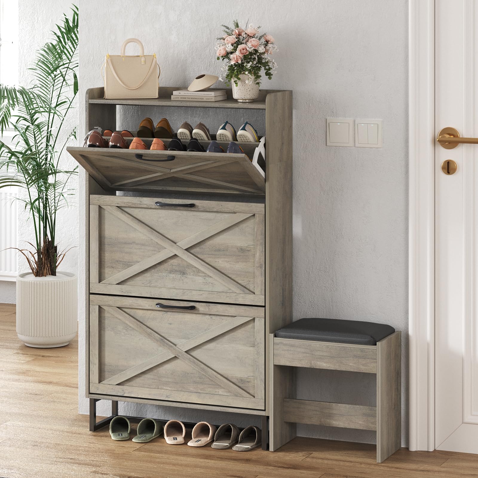 Maupvit 3-Tier Flip Drawer Shoe Storage Cabinet - Freestanding Farmhouse Organizer with Bench Seat & Cushion, Slim Narrow Shoe Rack with Metal Legs for Entryway, Hallway or Bedroom - Grey